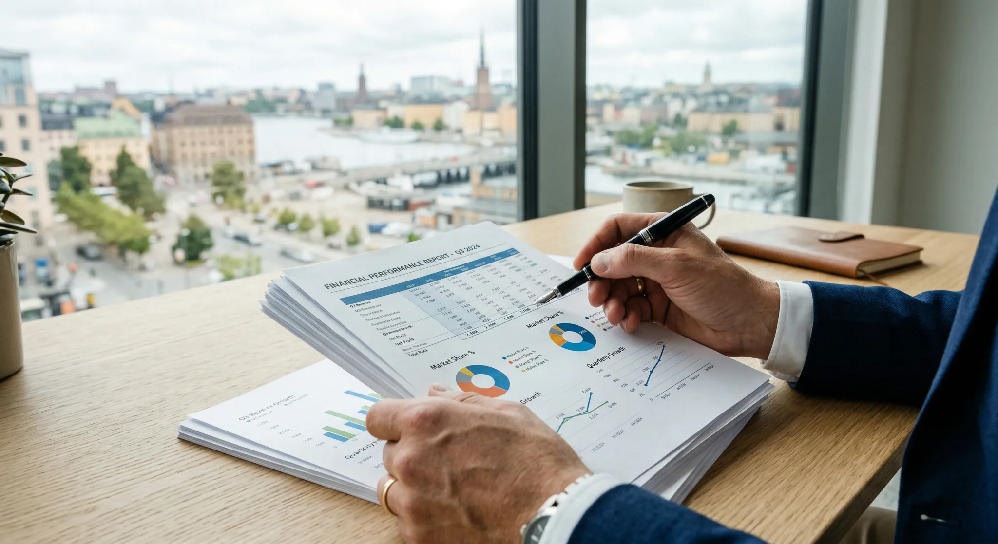 A close-up, photorealistic shot of a professional's hands reviewing a stack of financial documents and charts on a light oak desk. In the background, a blurred view of a modern Scandinavian city is vi