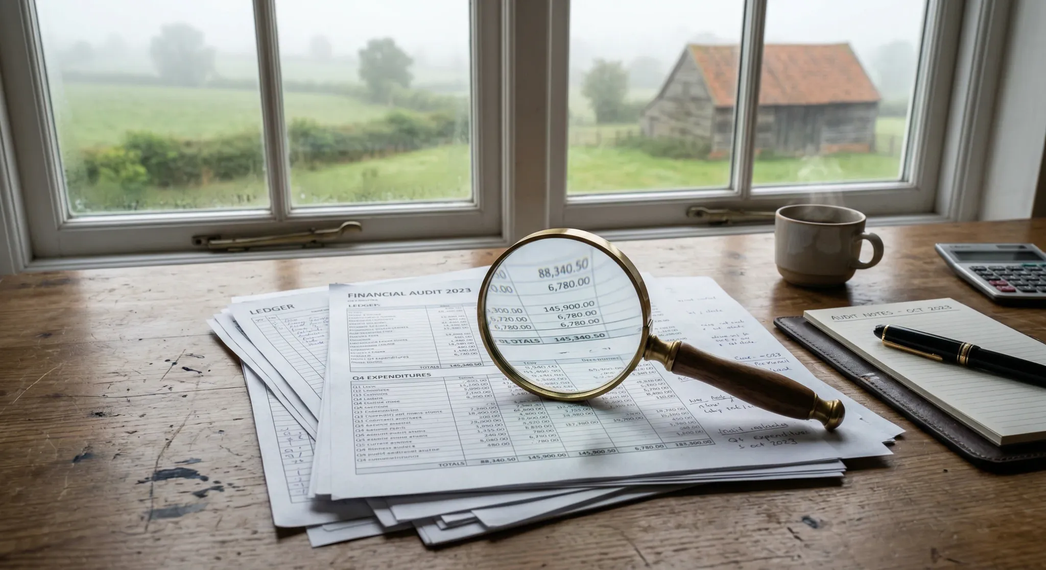 A high-angle close-up of a wooden desk featuring a magnifying glass resting on a stack of financial audit papers and spreadsheets. In the blurred background, a window looks out onto a misty Northern E