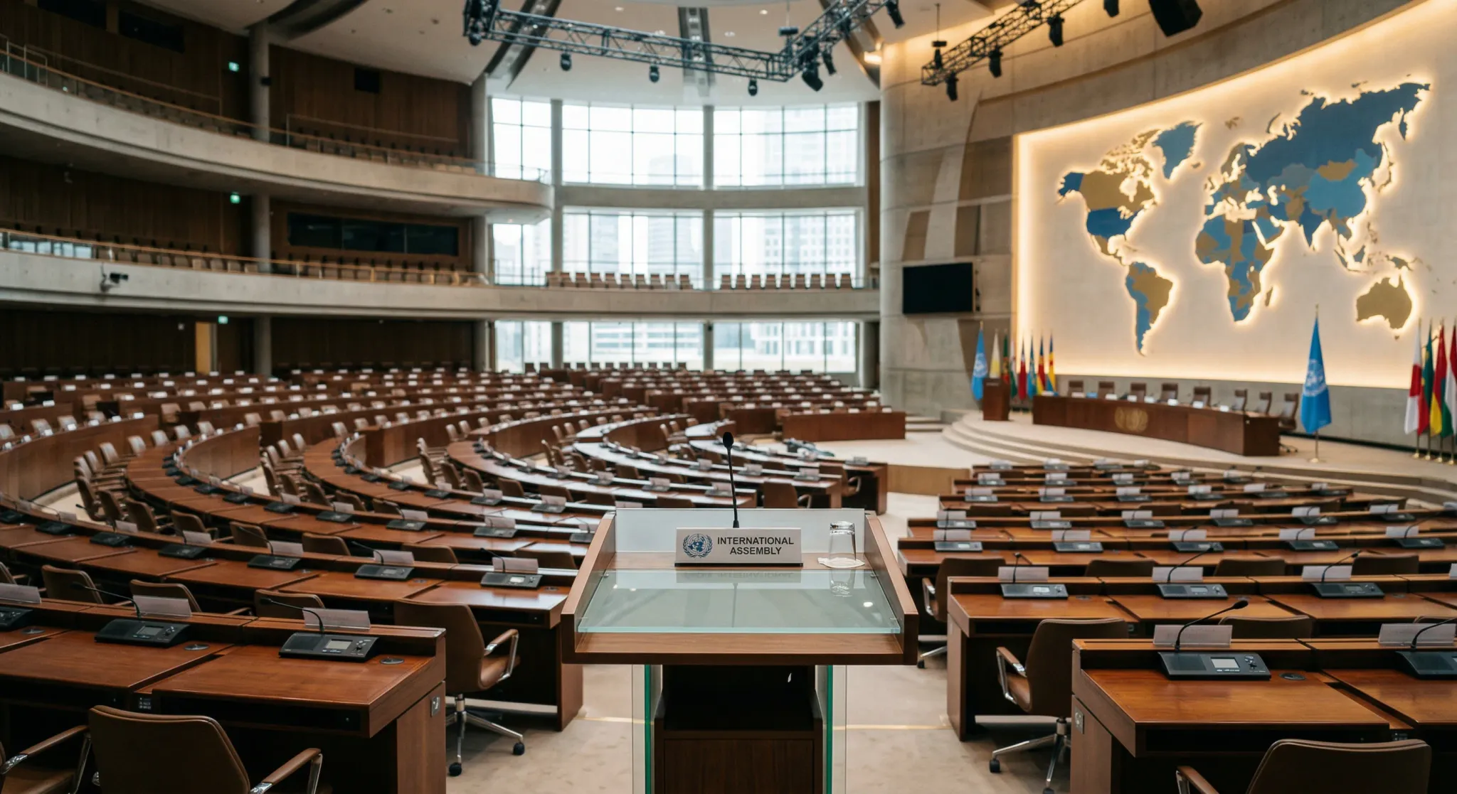 A wide-angle photorealistic shot of a grand, modern international assembly hall with rows of sleek wooden desks and microphones. In the background, a large, minimalist mural of a world map is illumina