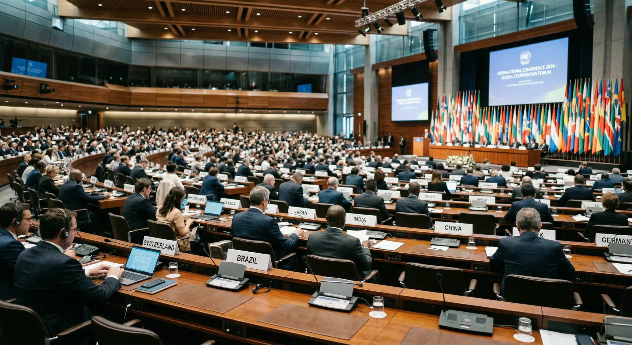 A wide-angle photorealistic shot of a grand international conference hall in a modern European city, featuring rows of polished desks for delegates with small microphones. At the far end, a large arra