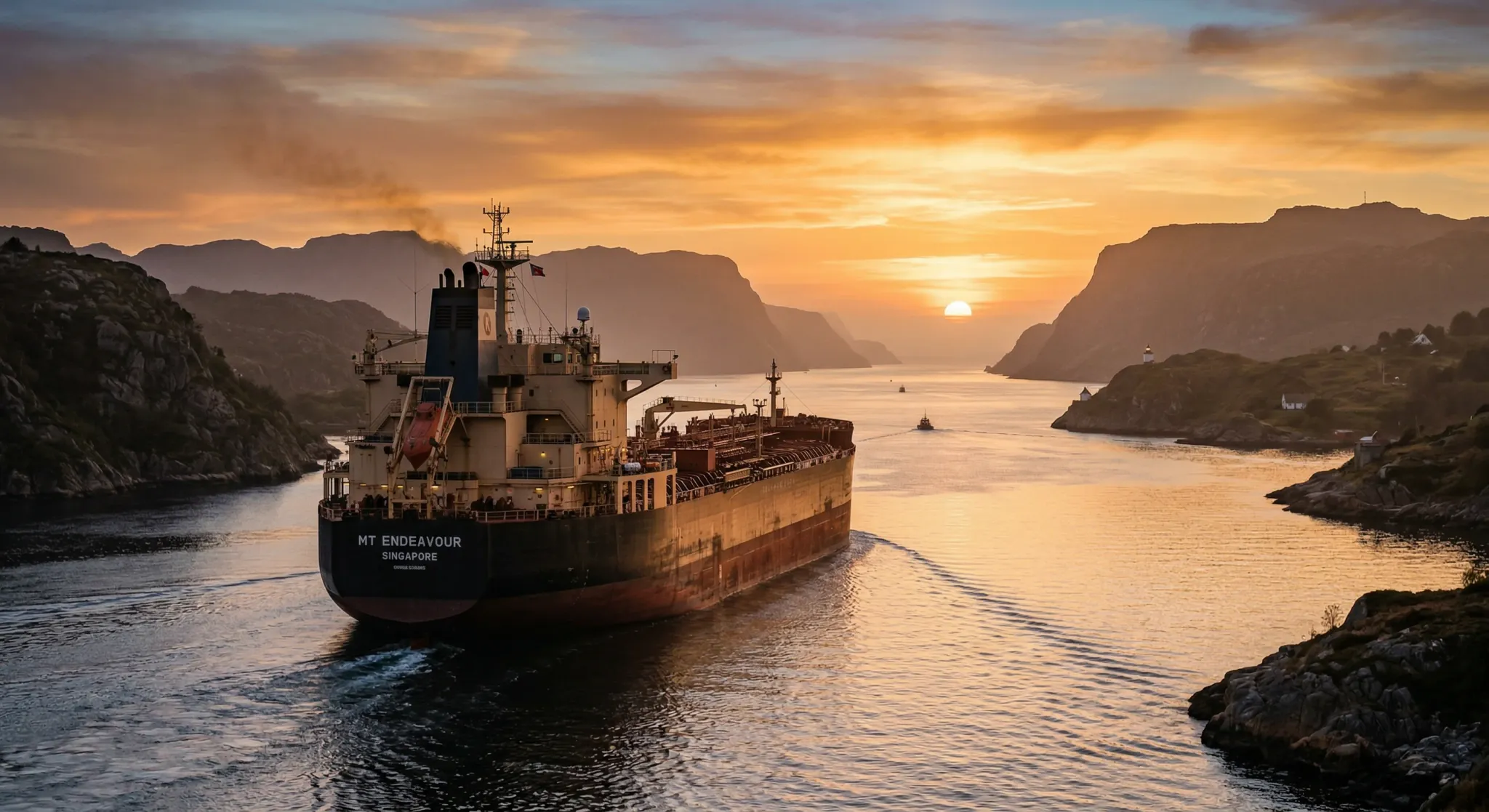 A wide-angle, photorealistic shot of a large commercial oil tanker navigating through a narrow strait under a hazy, warm sunset. The water is calm with a gentle wake trailing behind the ship, and dist