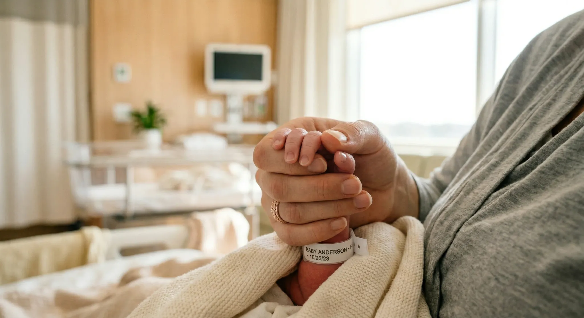 A photorealistic, close-up shot of a mother's hand gently holding a newborn baby's hand in a bright, modern hospital room. Soft natural light streams through a large window, creating a warm and hopefu