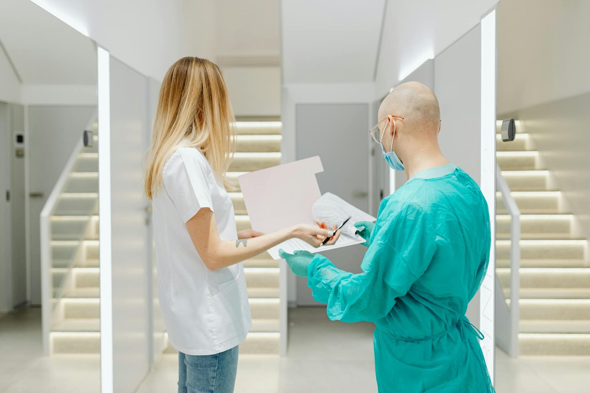 Doctors collaborating in a bright clinic, highlighting teamwork and healthcare.