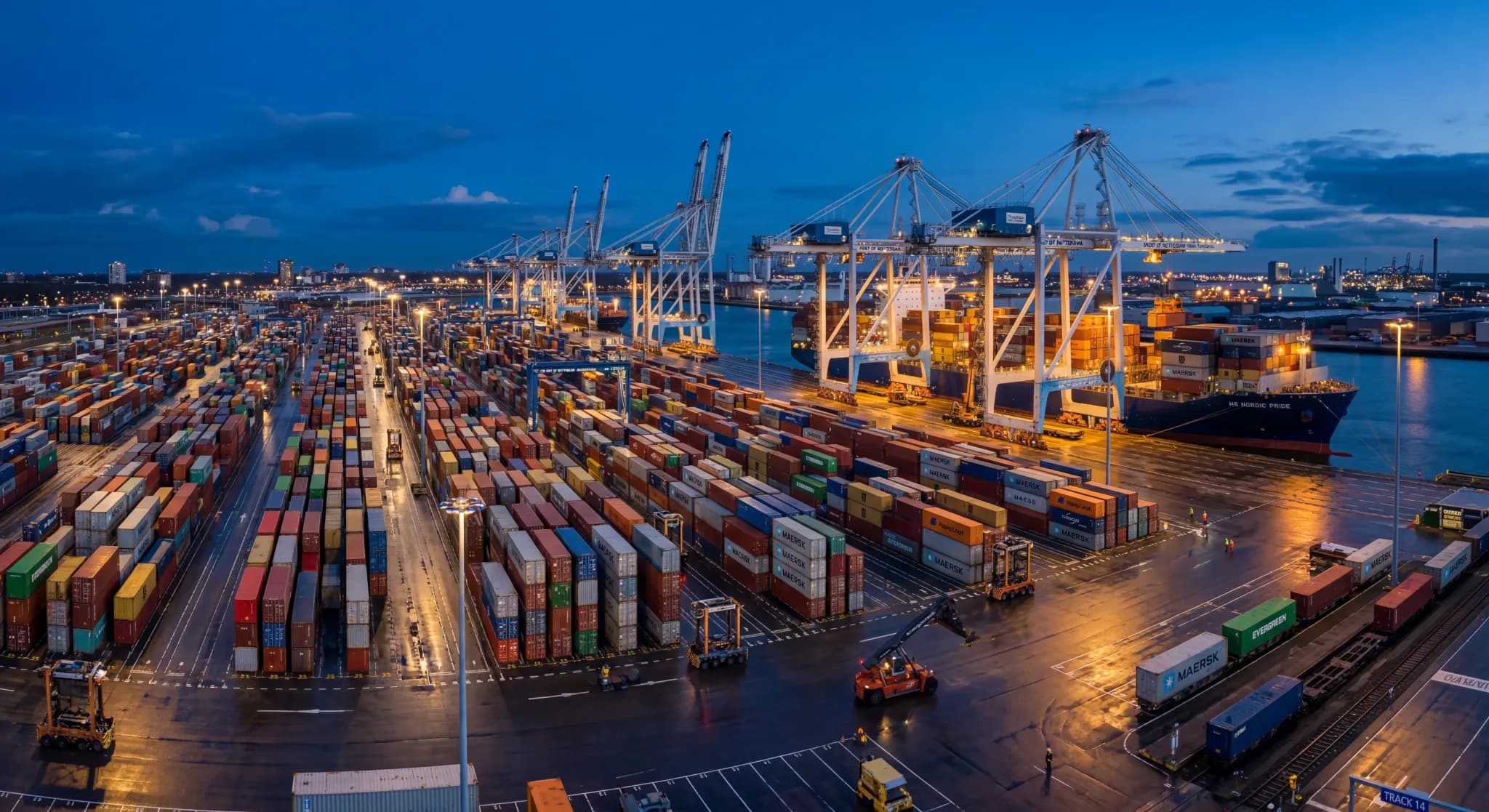 A wide-angle, photorealistic shot of a modern cargo terminal in Northern Europe during the blue hour. Rows of neatly stacked colorful shipping containers stretch toward the horizon under tall, industr