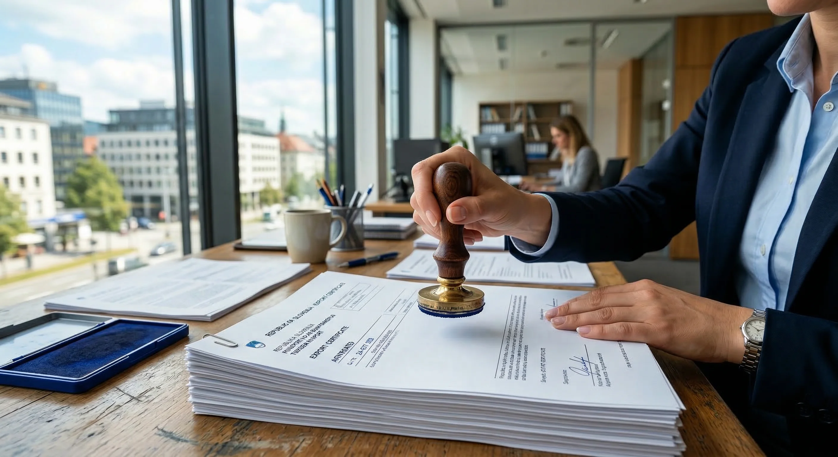 A high-detail photorealistic shot of an official ink stamp being pressed onto a stack of export certificates. The lighting is bright and professional, coming from a large window in a modern European g