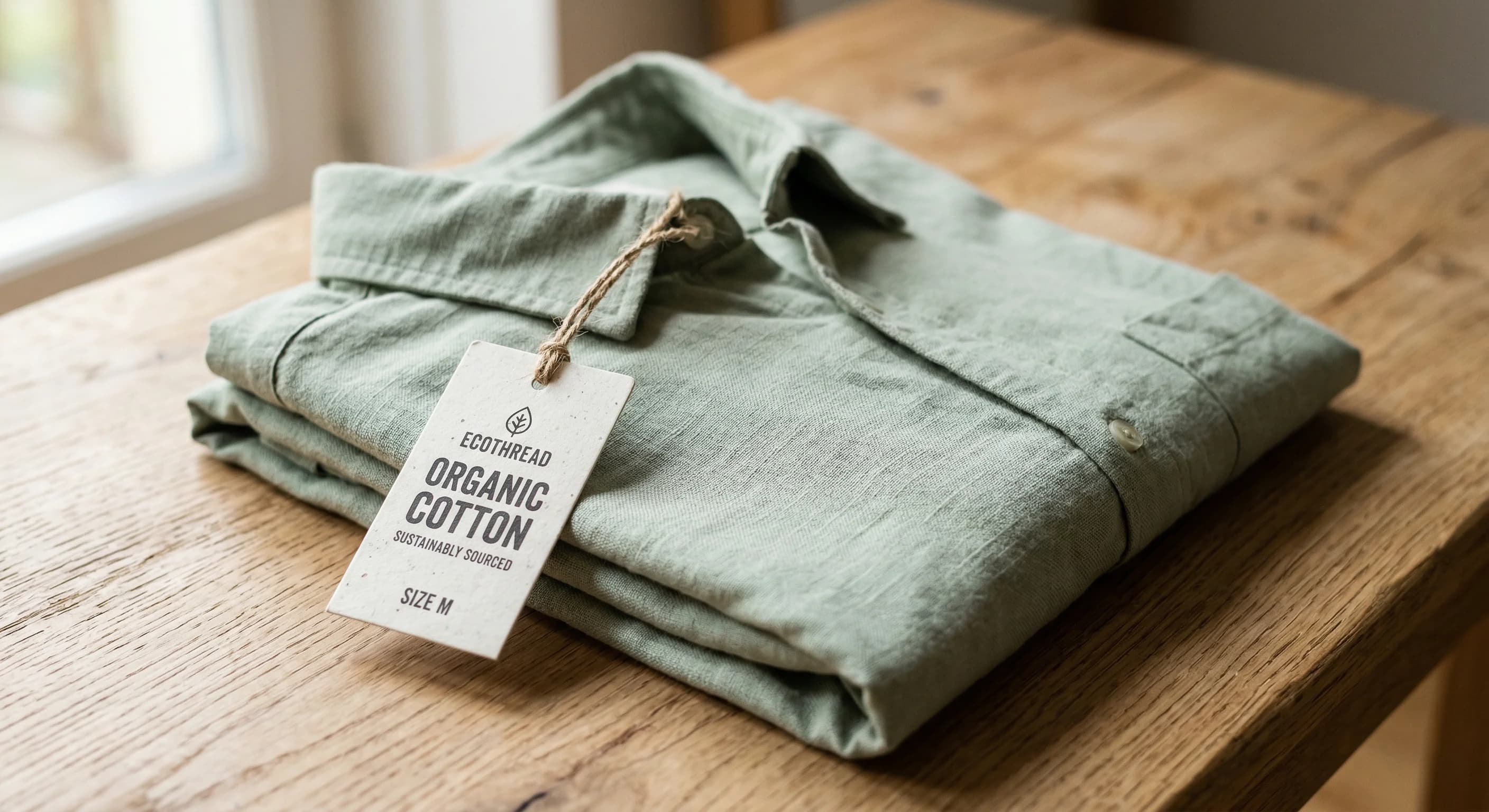 A photorealistic close-up of a folded light-green organic cotton shirt resting on a clean wooden surface. A recycled paper hangtag with a simple string is attached to the collar, seen from a 45-degree