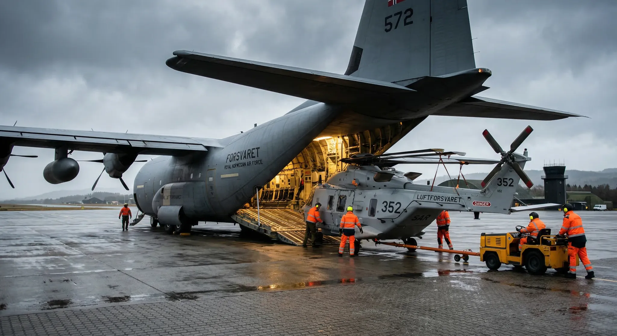 A photorealistic wide-angle shot of a large grey military cargo plane with its rear ramp open on an overcast airfield in Northern Europe. A maritime helicopter with folded rotors is being carefully to