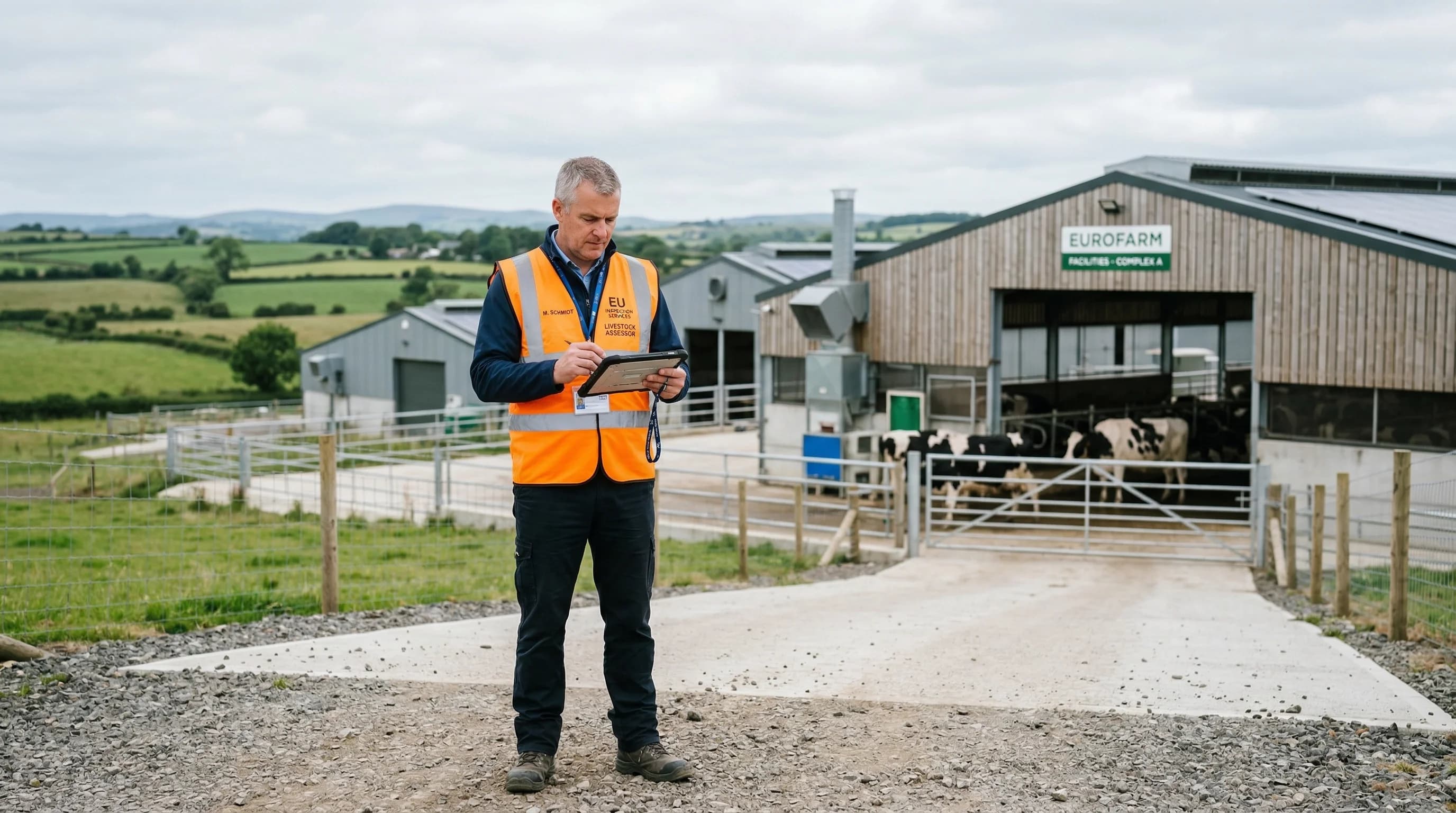 A photorealistic wide-angle shot of a professional inspector wearing a high-visibility vest and holding a tablet, standing in front of a modern European livestock facility. The scene is set in a rural