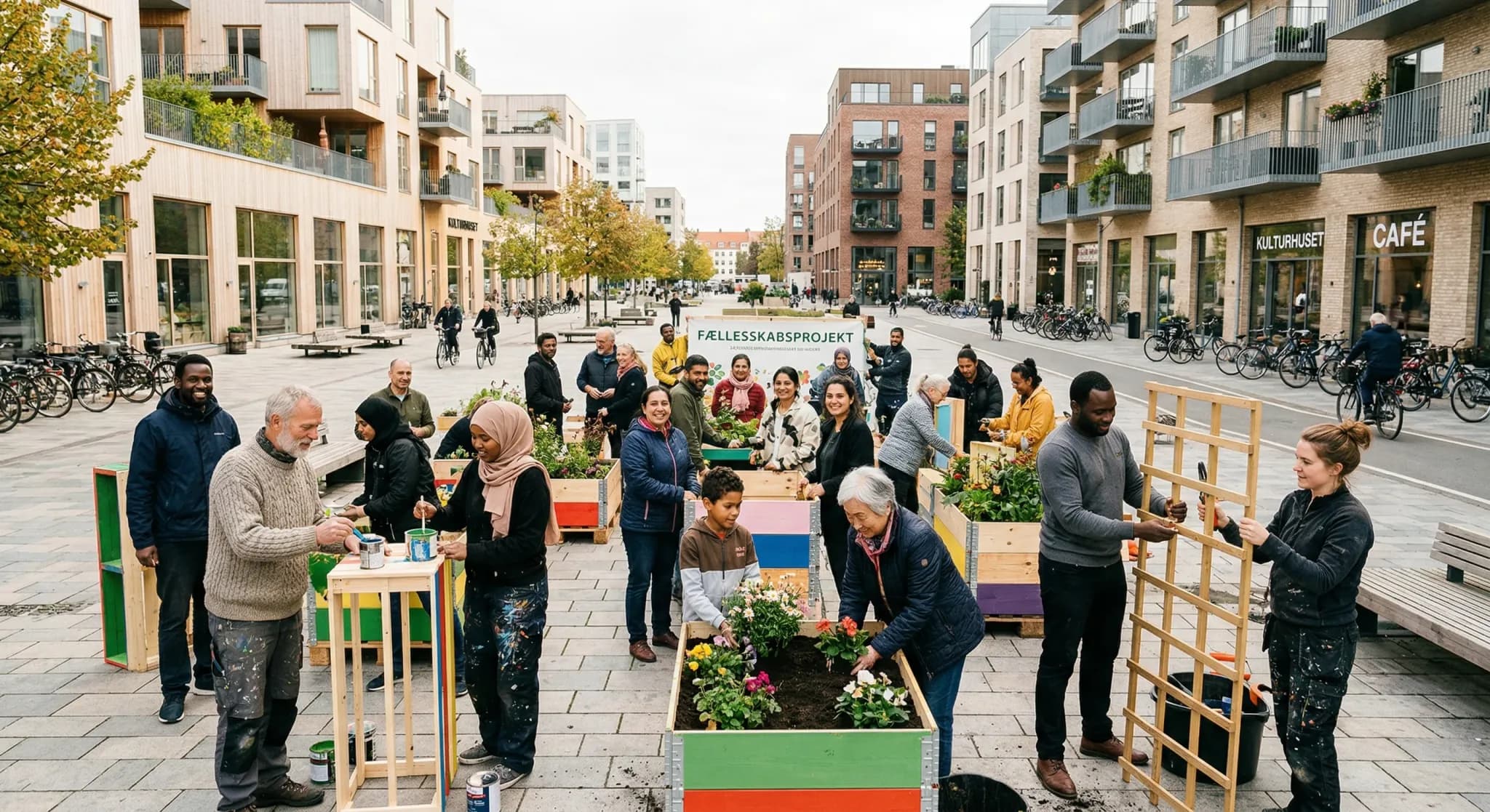 A diverse group of people of various ages and ethnicities collaborating on a community project in a modern Northern European urban square. The scene is captured with a wide-angle lens in soft, natural