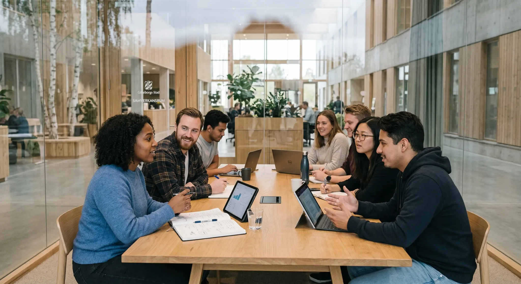 A group of diverse young adults sitting around a large light-wood table in a modern, sunlit Scandinavian municipality building. They are engaged in an active discussion with notebooks and tablets open