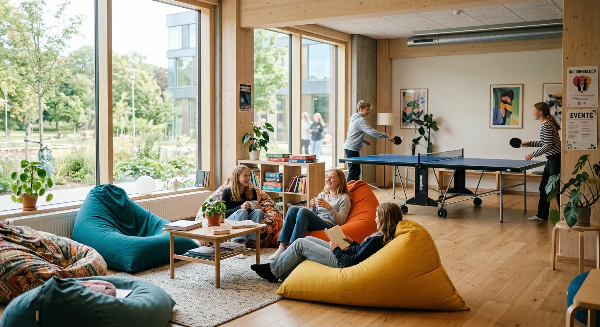 In a sunlit, modern youth center with light wood floors, a group of teenagers relaxes on colorful bean bags while others engage in a friendly game of table tennis. The space features large windows, vibrant decor, and an inviting, casual atmosphere that balances active play with quiet social interaction.