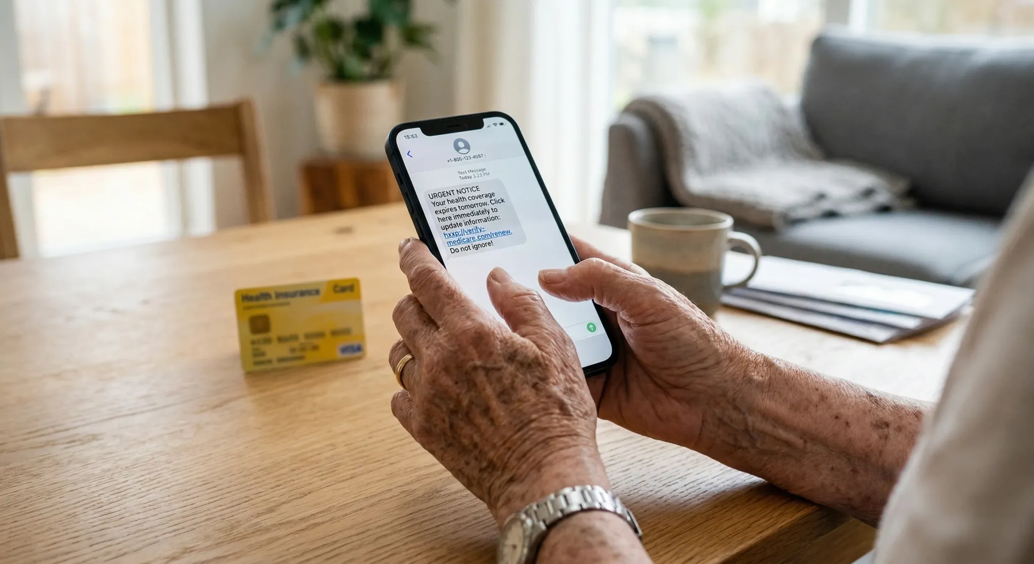A close-up photorealistic shot of an elderly person's hands holding a smartphone in a bright Scandinavian-style living room. The screen displays a suspicious text message interface with a prominent li