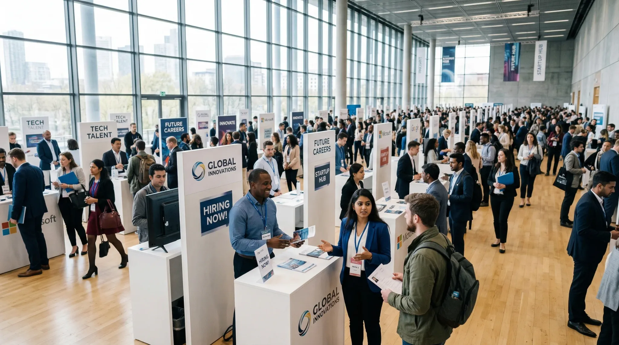 A photorealistic wide-angle shot of a bustling job fair held in a bright, modern hall with large glass windows and light wood floors. Diverse people in smart casual clothing are talking at minimalist