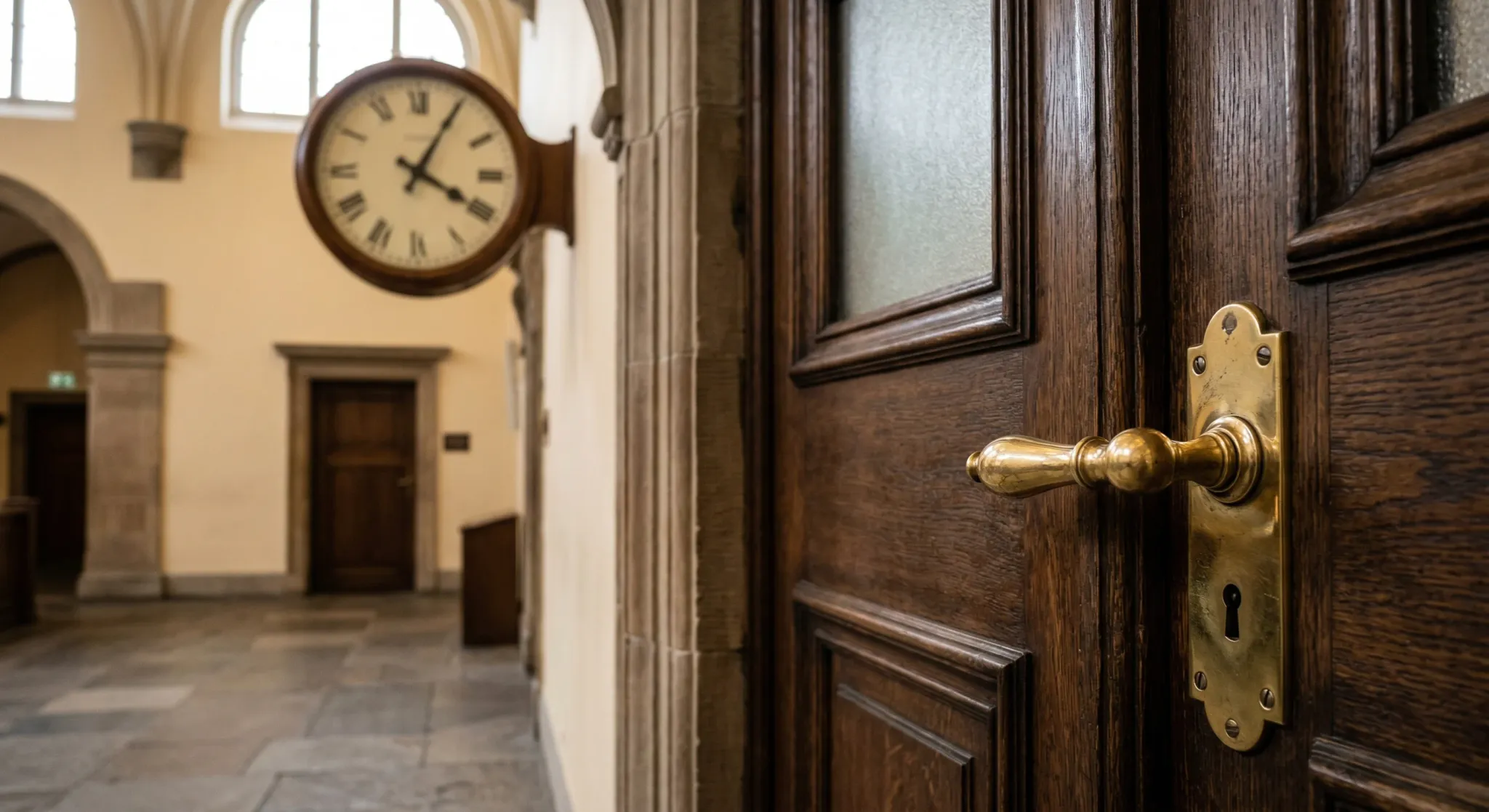 A photorealistic close-up of a heavy oak courtroom door with a polished brass handle. In the background, a large analog wall clock is visible in soft focus, showing the time just past the hour. The li