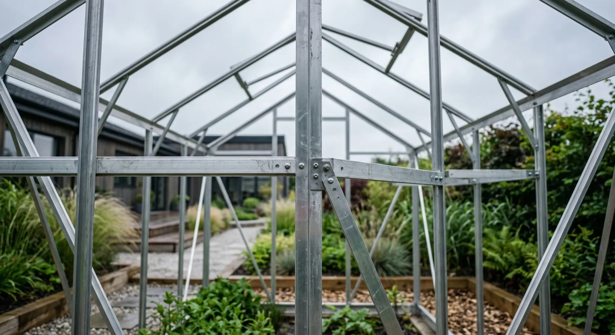 A photorealistic shot of an unassembled aluminum greenhouse frame standing in a modern garden, missing its glass panes. The image is captured from a low angle with a shallow depth of field, highlighti