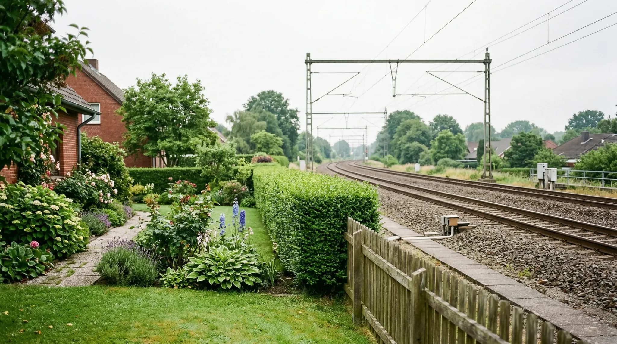 A photorealistic wide-angle shot of a suburban garden border in Northern Europe. A neatly trimmed green hedge and a low wooden fence separate a private lawn from a gravel-lined railway track with over