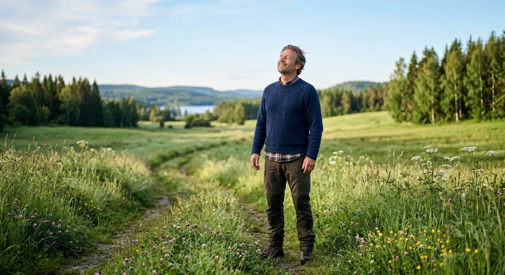A photorealistic shot of a middle-aged European man standing in a lush green meadow during a crisp morning, taking a deep, refreshing breath of clean air. The background features a soft-focus Scandina