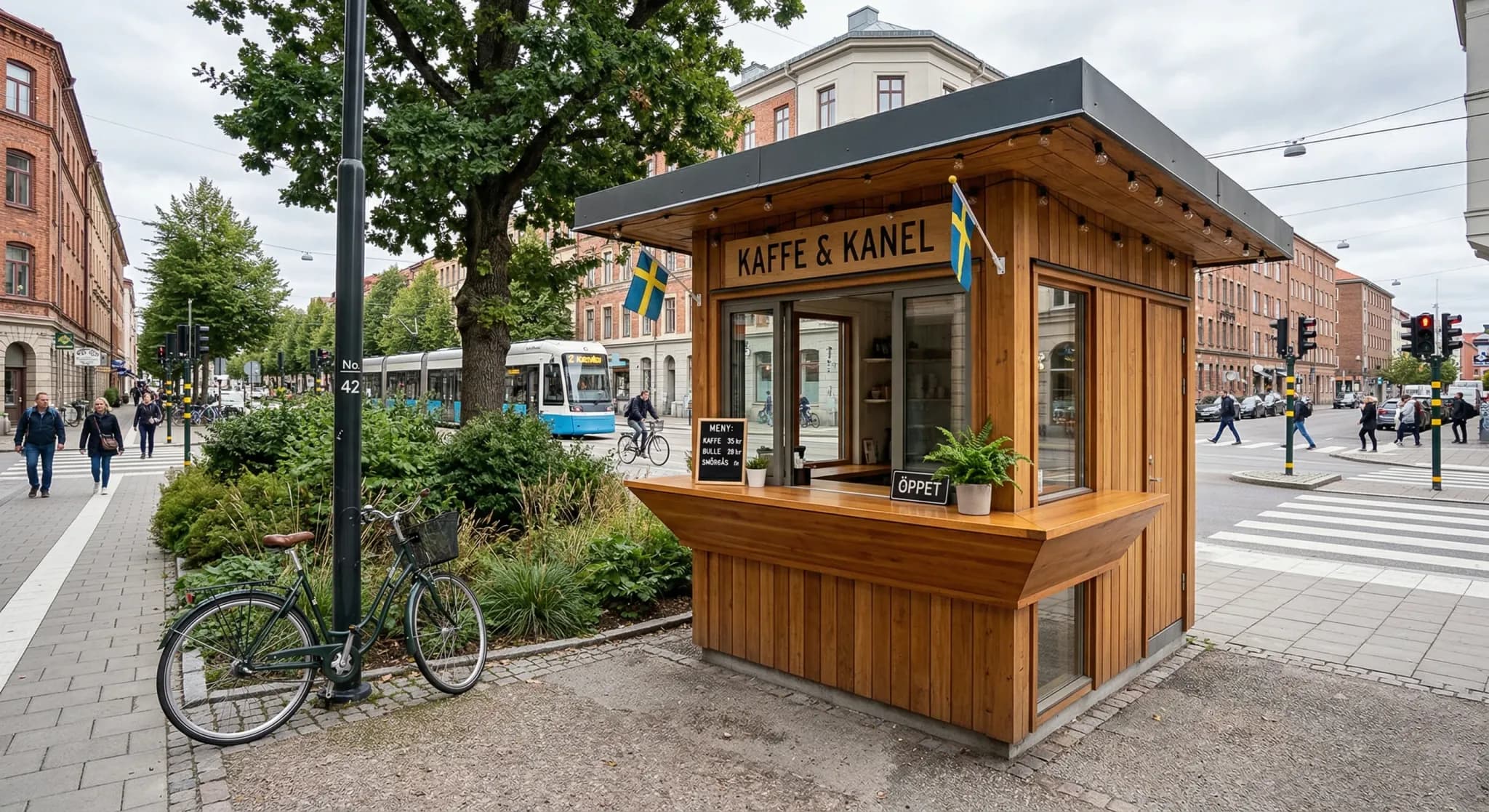 A professional wide-angle photograph of a modern wooden street kiosk located at a clean urban intersection in Northern Europe. The scene is captured during a bright, overcast day with soft natural lig