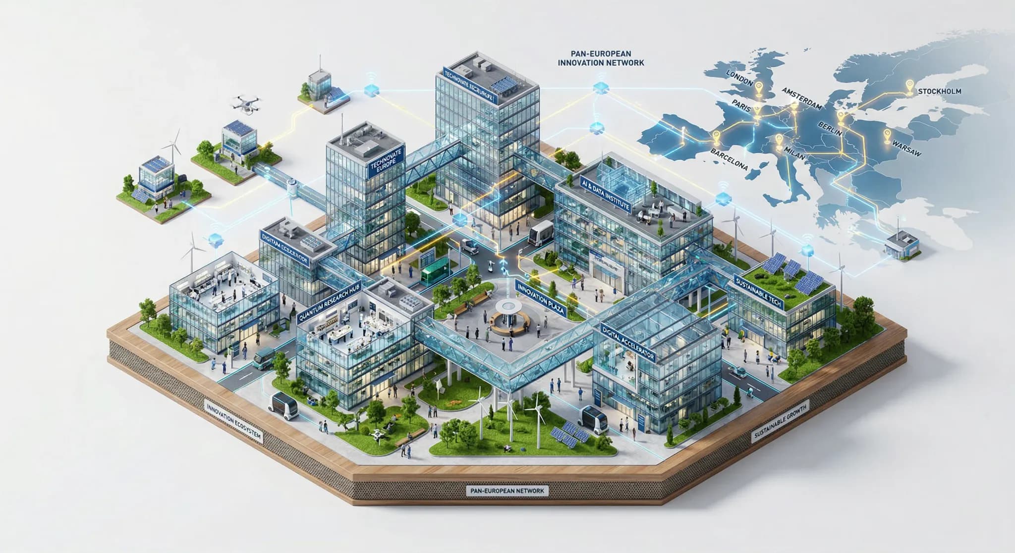 An isometric 3D miniature diorama of a modern innovation ecosystem. The scene features interconnected glass buildings, sleek research labs, and small green parks with wind turbines. Floating digital n