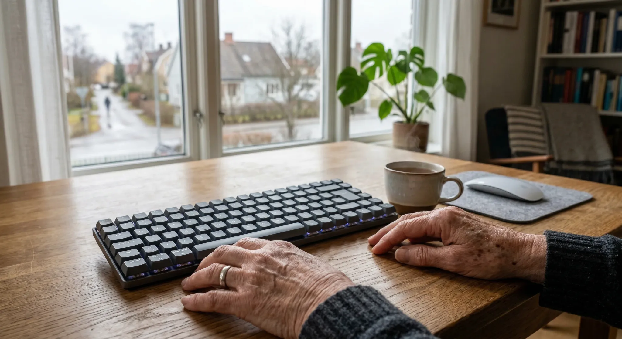 A photorealistic close-up of a senior person's hands resting near a keyboard on a wooden desk in a brightly lit Scandinavian home. In the background, a soft-focus view of a window shows a quiet reside
