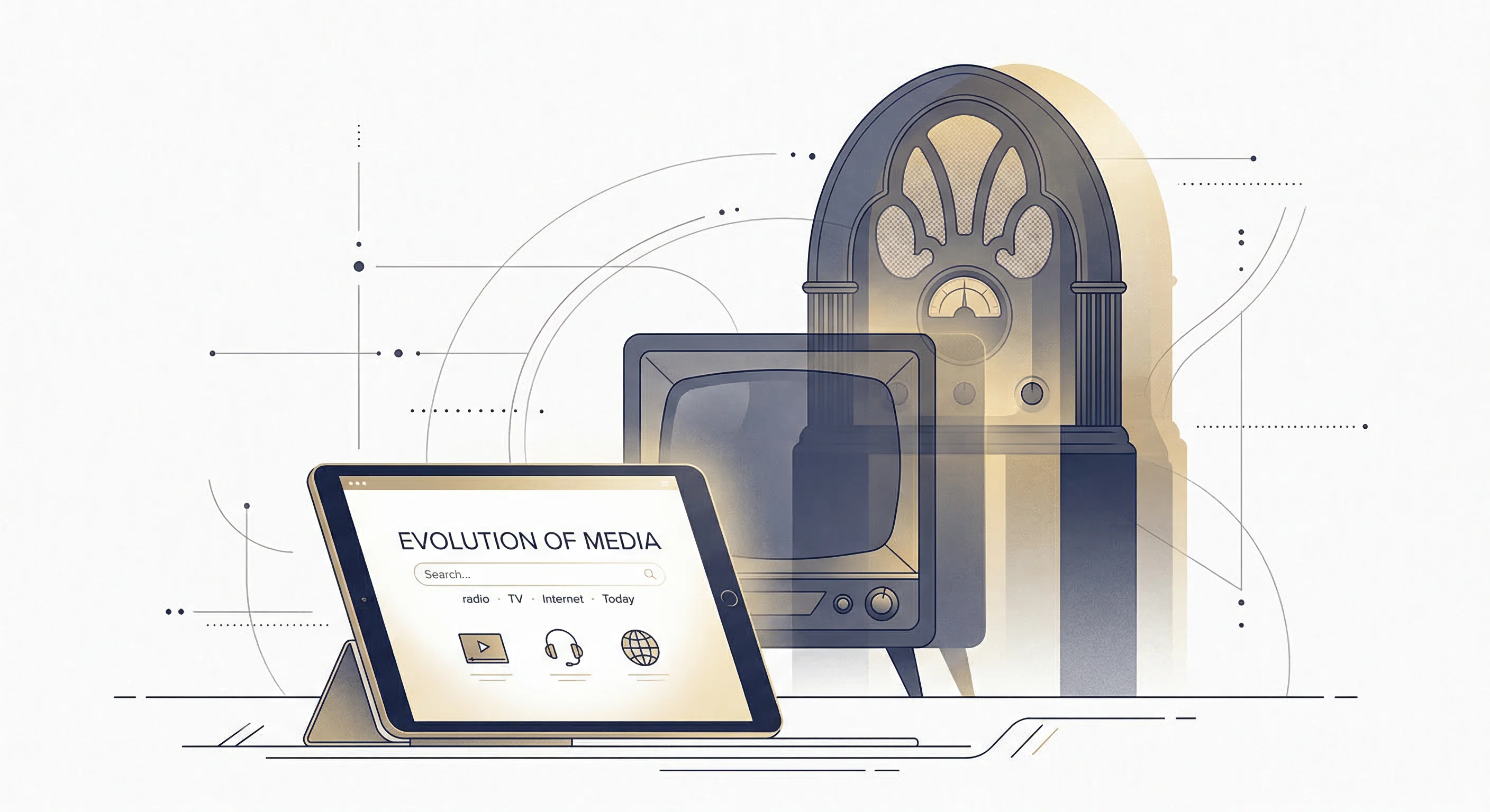 A minimalist editorial illustration depicting the evolution of media. In the foreground, a modern tablet displays a clean search interface, while behind it, semi-transparent silhouettes of a 1950s tel
