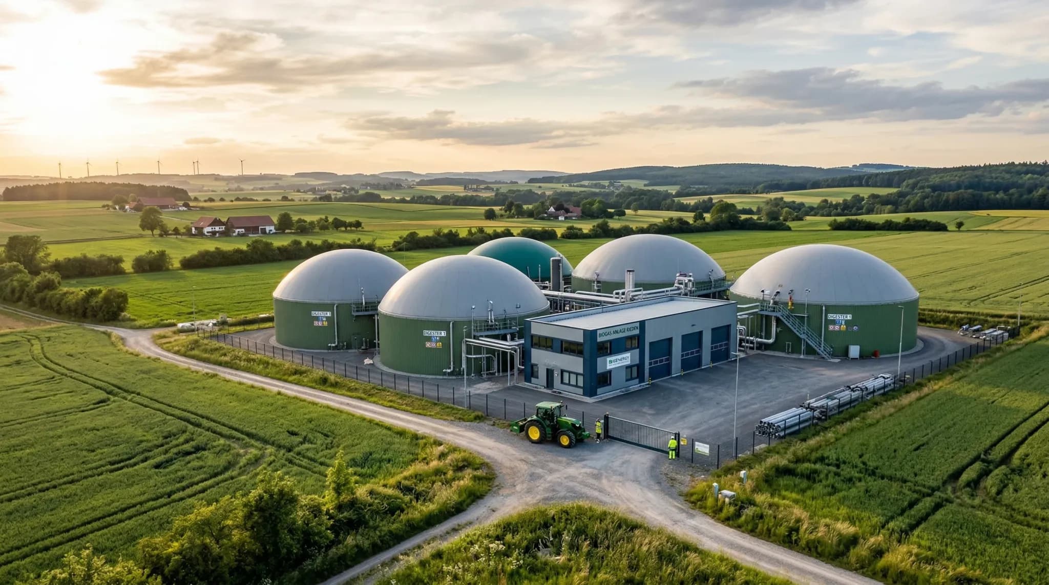 A wide-angle shot of a modern biogas facility featuring several large dome-shaped storage tanks in a rural European field. The scene is captured in the soft light of a late afternoon sun, highlighting