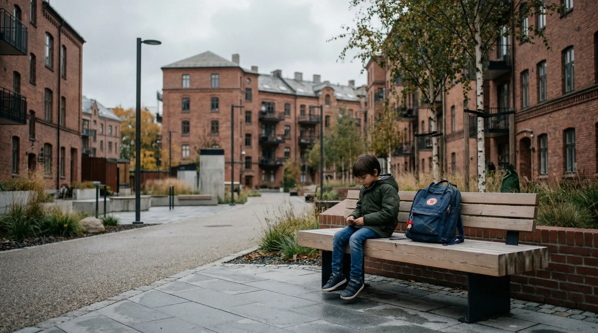 A wide-angle cinematic shot of a young school-aged child sitting alone on a minimalist wooden bench in a modern Northern European urban courtyard. The background features classic red brick apartment b