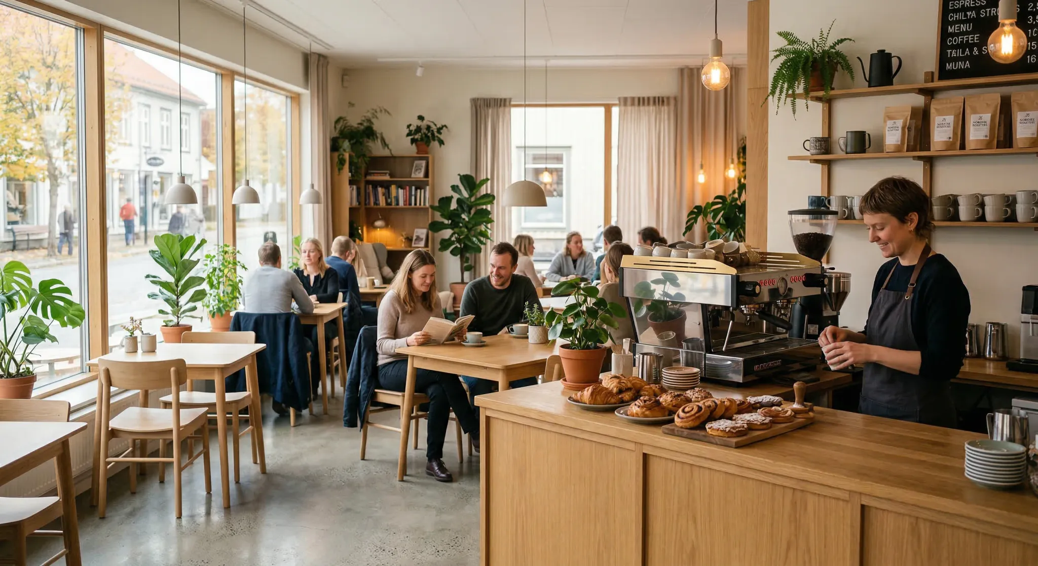 A bright and welcoming modern community café interior in Northern Europe, featuring a clean light wood counter with a professional espresso machine and a tray of fresh pastries. Soft natural sunlight