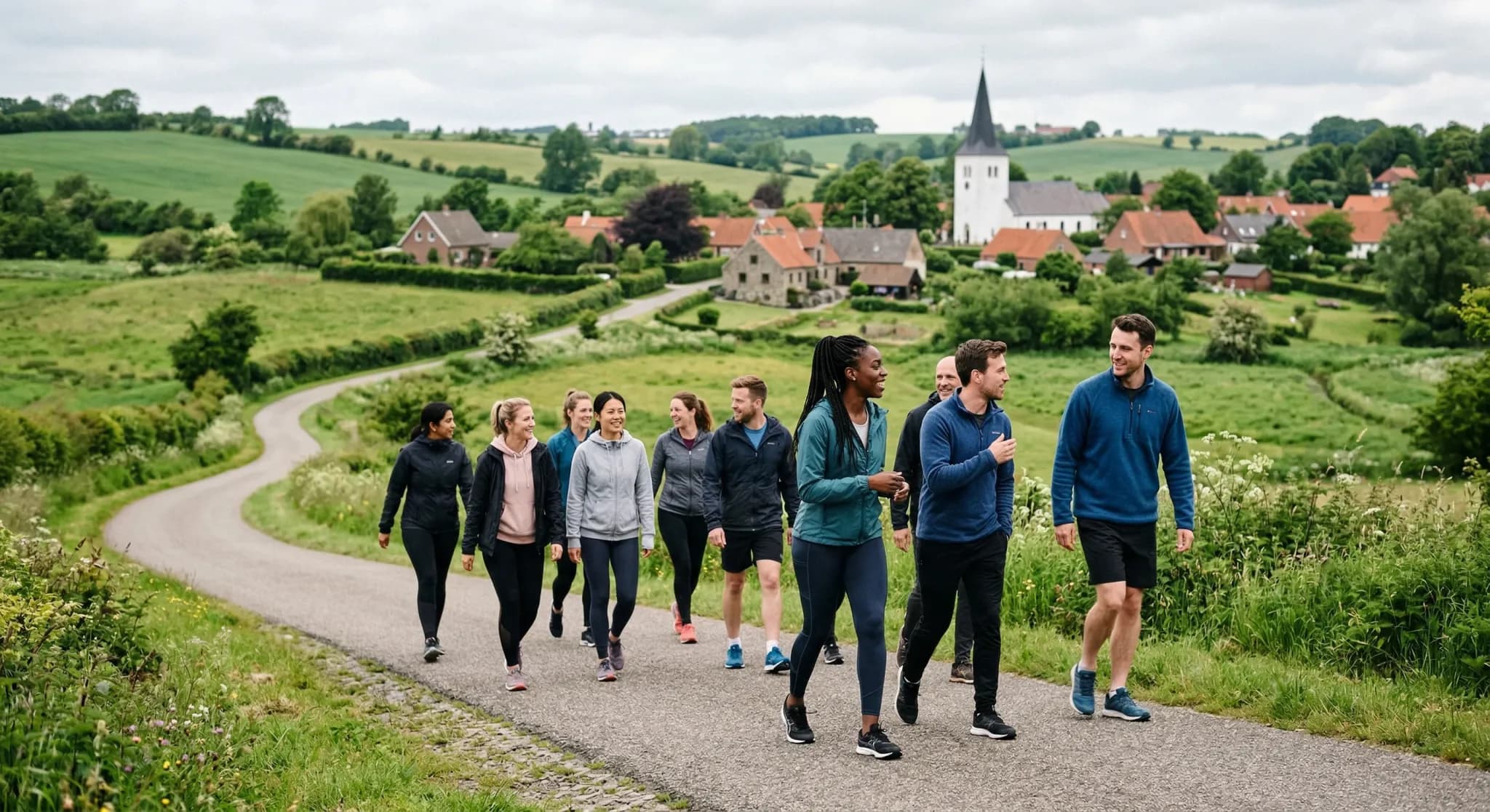 A group of diverse people in casual activewear walking briskly along a winding asphalt path through a green, rolling landscape in Northern Europe. In the background, a small village with traditional r