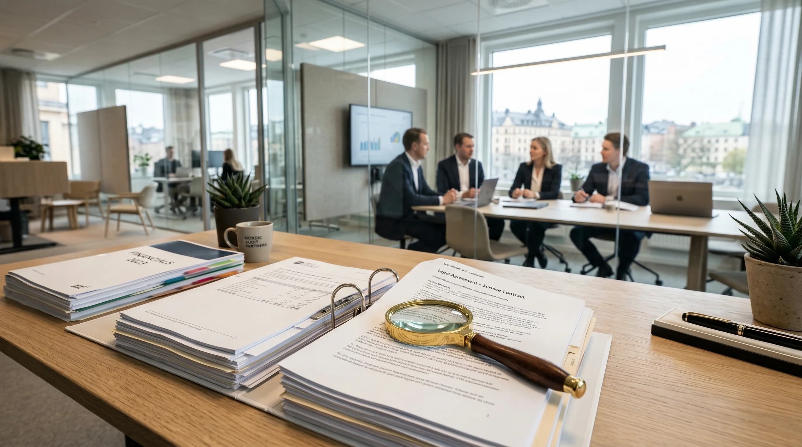 A wide-angle photorealistic shot of a professional office setting in Northern Europe. On a light wood desk, a magnifying glass rests on top of a stack of financial audit documents and legal contracts.