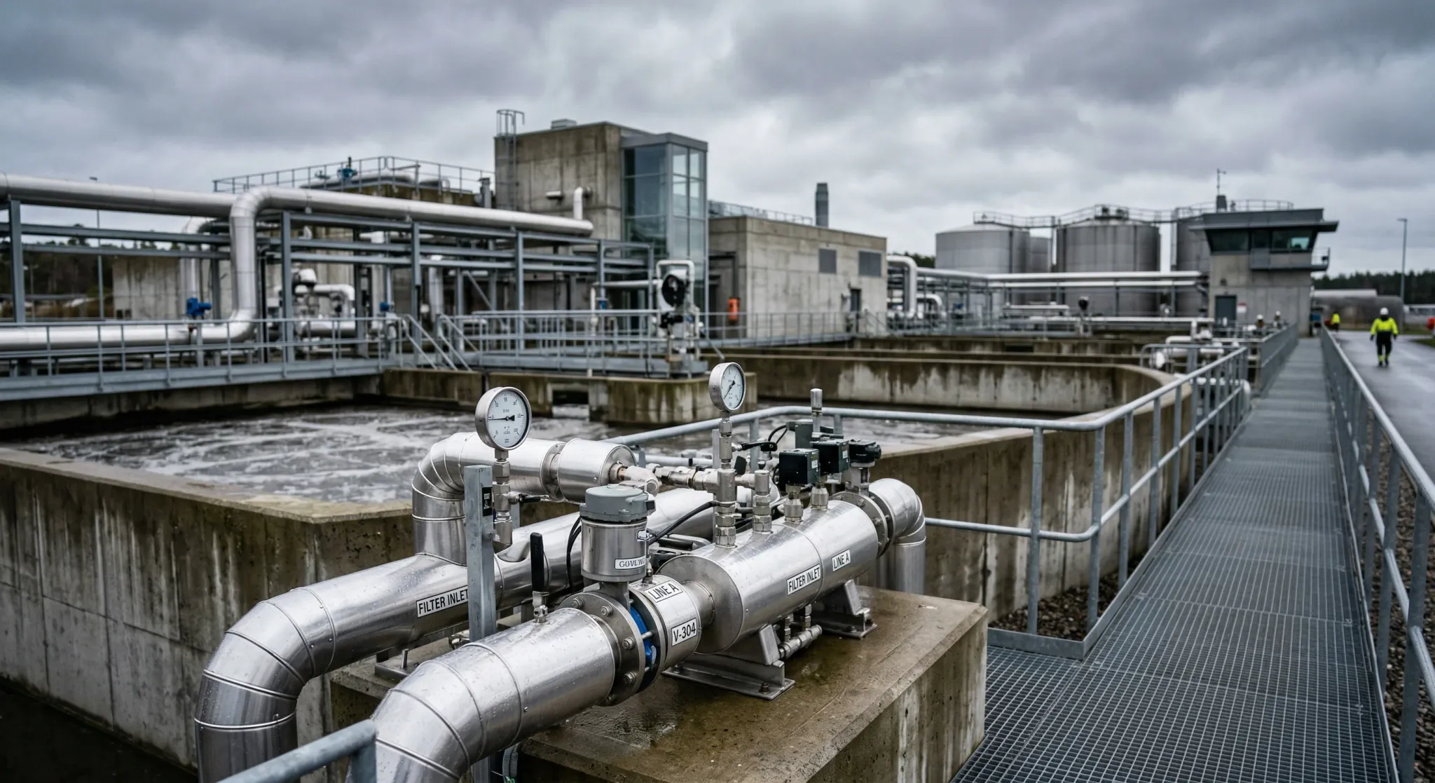 A wide-angle photorealistic shot of a modern water treatment facility with silver pipes and concrete structures under an overcast sky. The scene is illuminated by soft natural light, featuring a clean