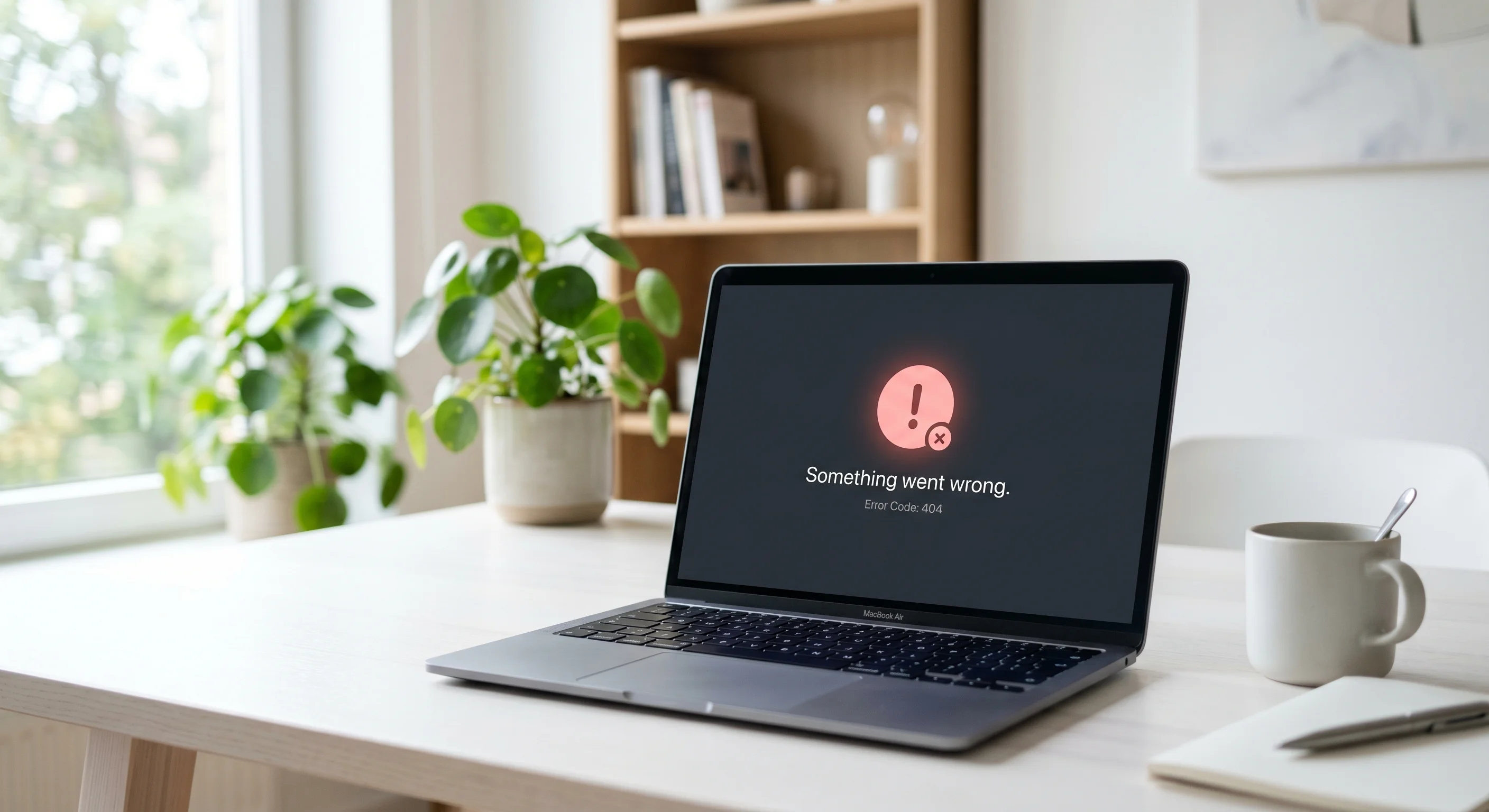 A minimalist composition featuring a sleek modern laptop on a white desk, showing a soft-red digital error icon on the screen. The background is a blurred, bright Scandinavian-style office with soft n