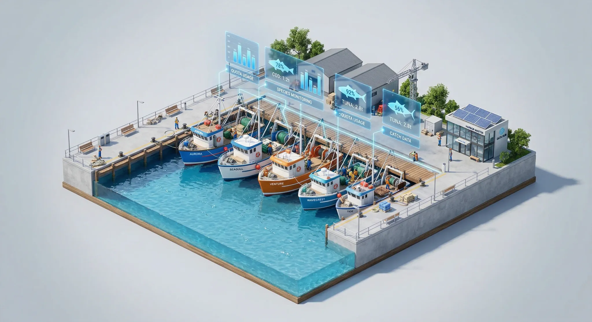An isometric 3D miniature scene of a clean, modern harbor with small stylized fishing boats docked at a pier. Floating translucent blue bar charts and icons of fish appear above the boats, representin