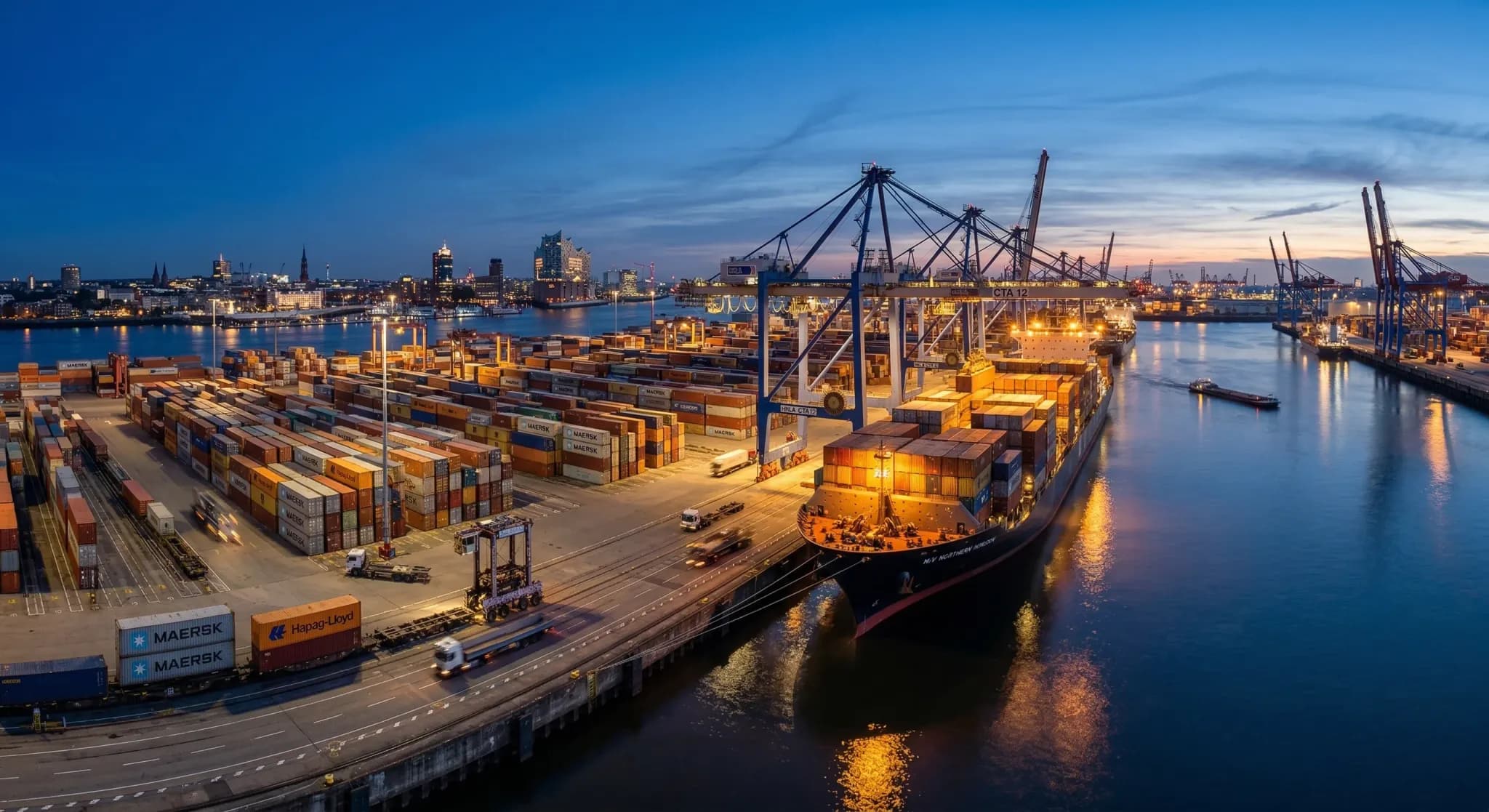 A wide-angle photorealistic shot of a modern industrial harbor in Northern Europe during the blue hour. Large shipping containers are stacked neatly, and a cargo ship is docked nearby with soft golden