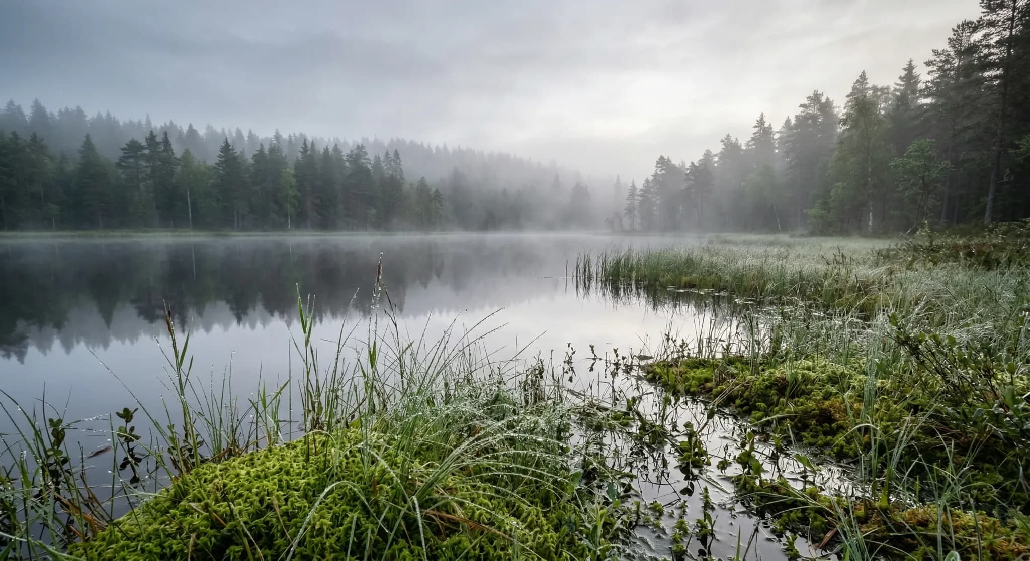 A photorealistic landscape of a Scandinavian wetland at dawn with soft, misty light filtering through the trees. In the foreground, vibrant green peat moss and delicate reeds are covered in morning de
