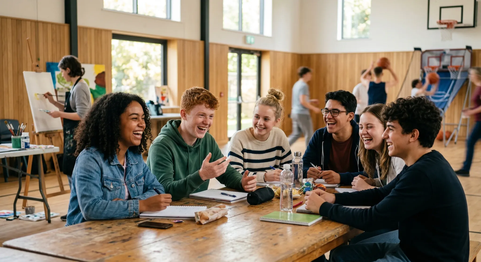 A candid photorealistic shot of a diverse group of European teenagers laughing and interacting around a large wooden table in a bright, modern community hall. In the blurred background, there are hint