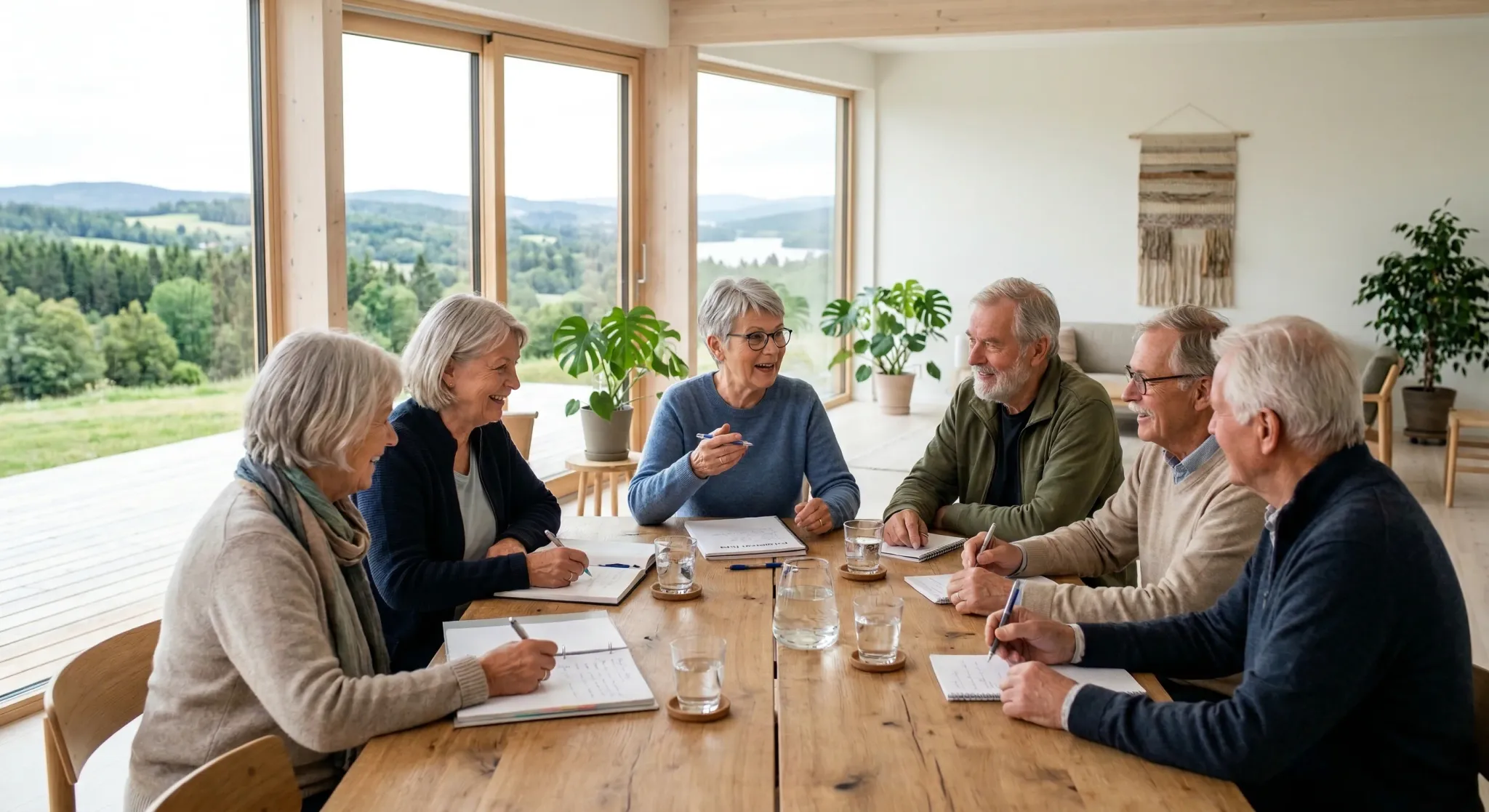 A group of active senior citizens in their 60s and 70s sitting around a large oak table in a modern, light-filled community center in Northern Europe. They are engaged in a collaborative discussion wi