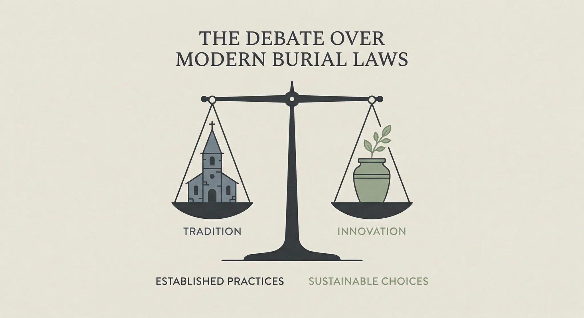 A minimalist editorial illustration representing the debate over modern burial laws. The composition features a clean, stylized balance scale against a neutral beige background. On one side of the sca