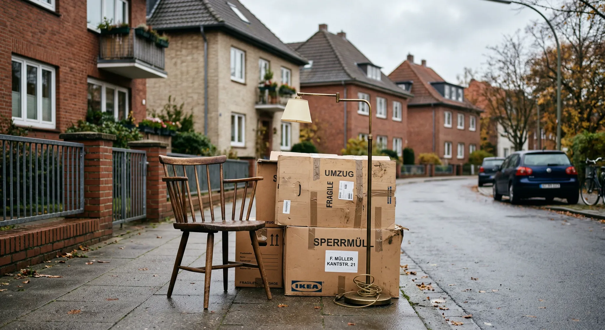 A photorealistic eye-level shot of a clean residential street in Northern Europe during a grey overcast day. Neatly stacked on the sidewalk are items for bulky waste collection: a mid-century wooden c