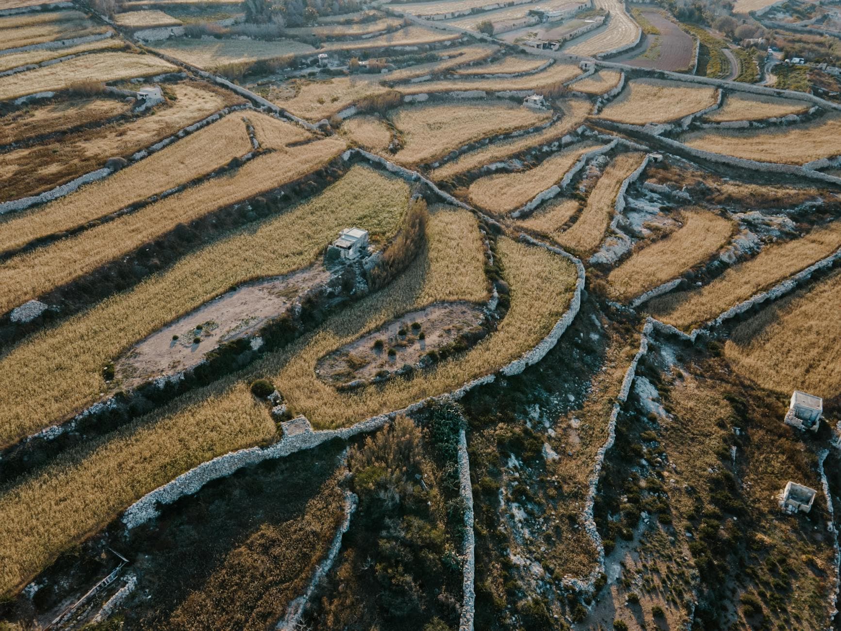 Stunning aerial shot of terraced fields in Wied il-Għajn, Malta, showcasing intricate patterns and textures.