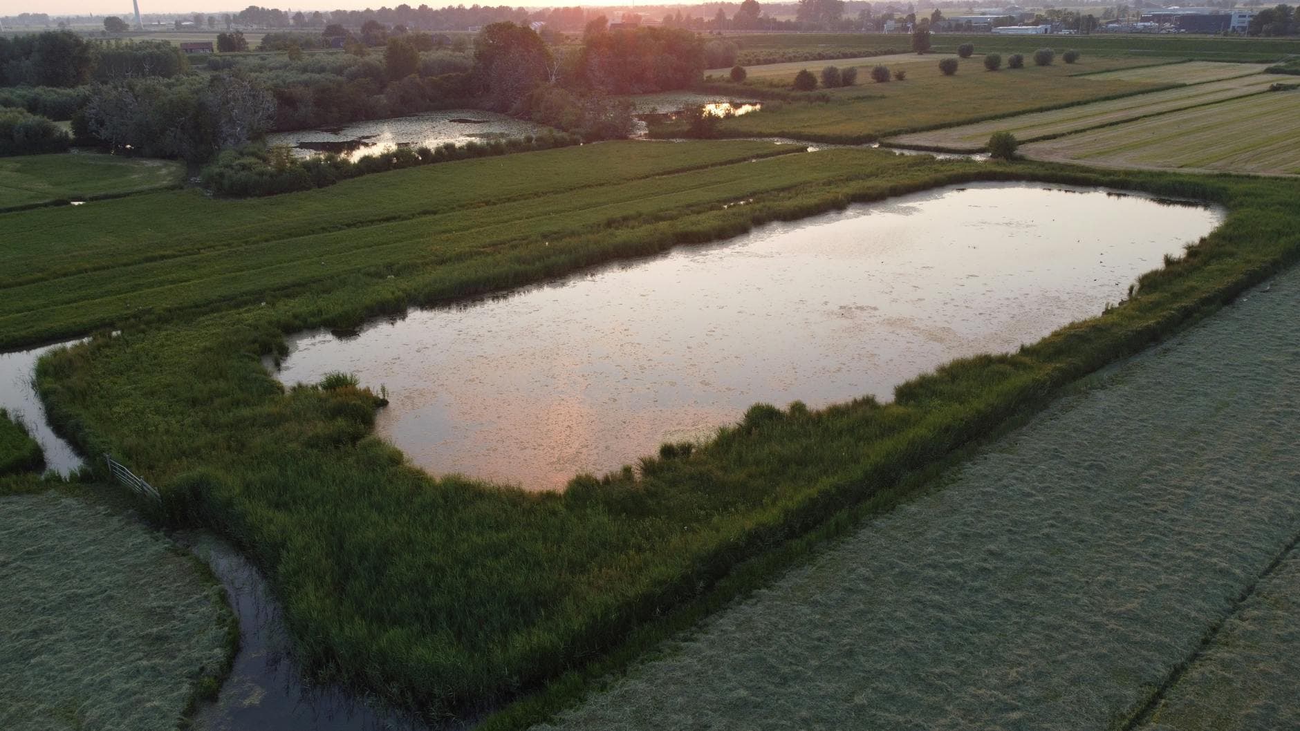 Aerial view of Gorinchem's farmland with a pond reflecting the sunset, creating a peaceful landscape.