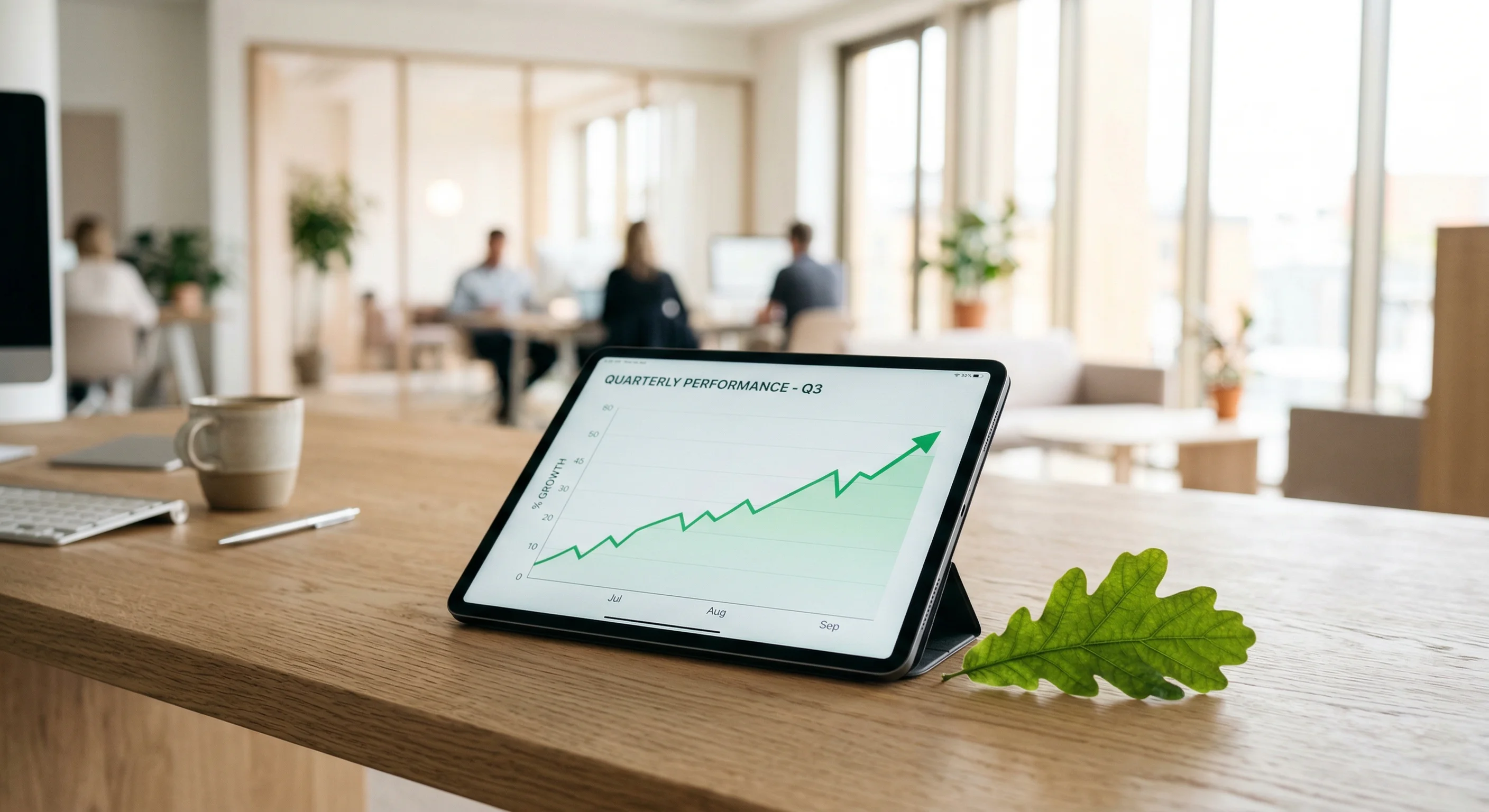 A professional, photorealistic shot of a modern Scandinavian wooden desk with a thin digital tablet displaying a rising green line graph. Next to the tablet lies a small, vibrant green oak leaf. The b