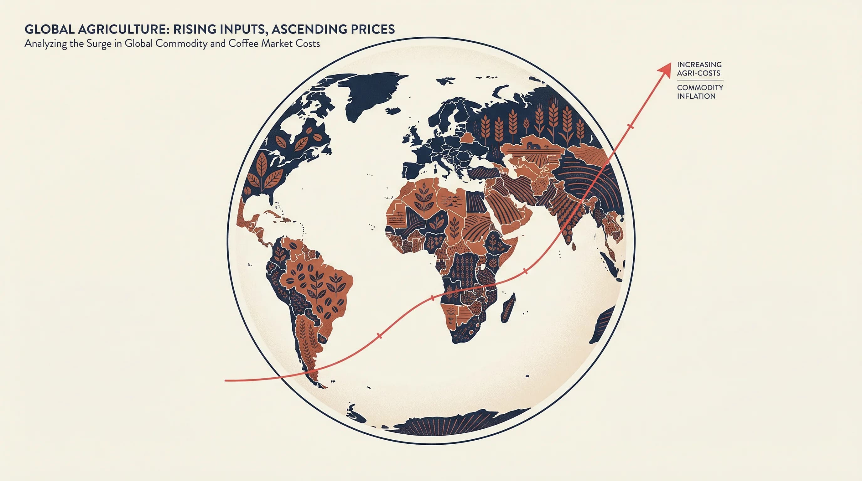 A minimalist editorial illustration featuring a stylized globe where the continents are subtly formed by textures of agriculture and coffee crops. An elegant, thin red line graph curves upward across