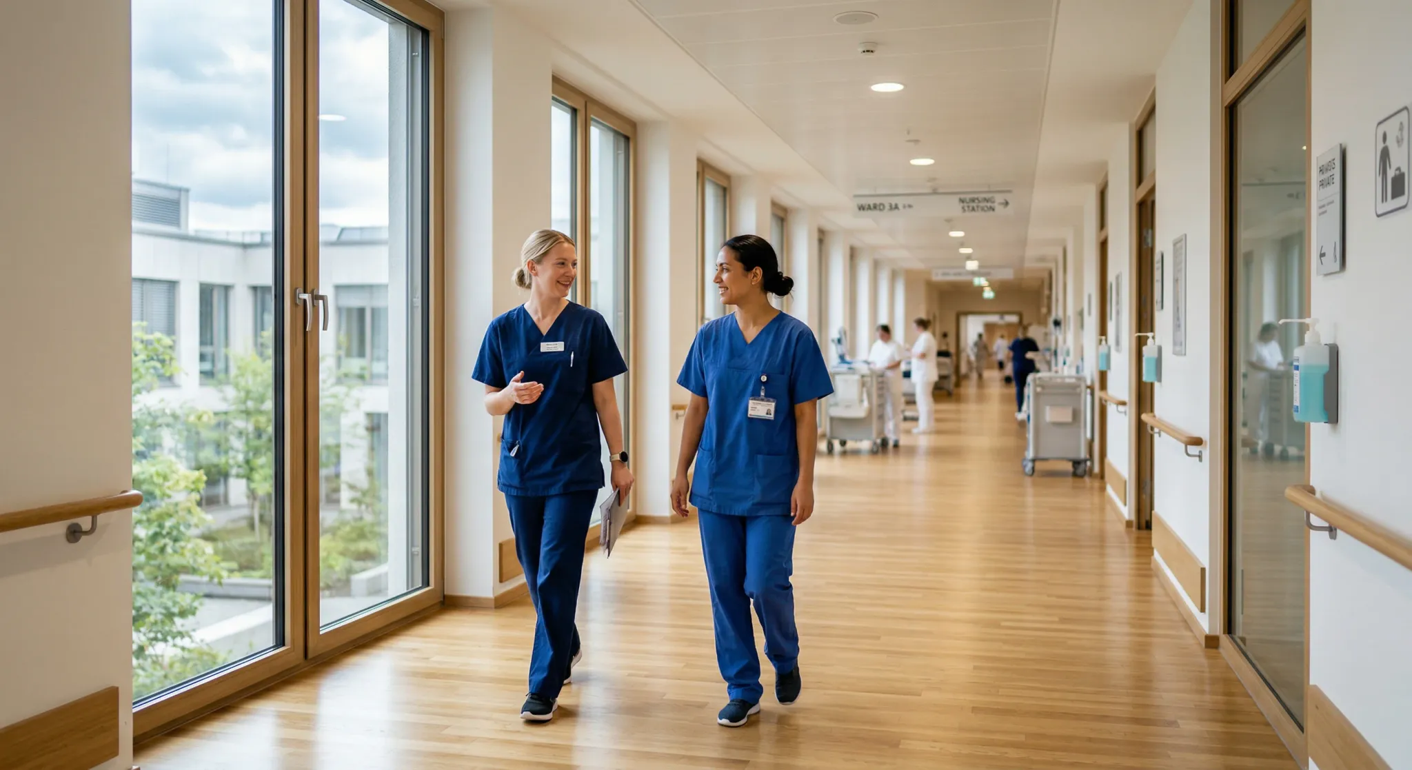 A wide-angle, photorealistic shot of a modern European hospital corridor with clean white walls and light wood accents. Two nurses in professional blue scrubs walk together in conversation under soft,