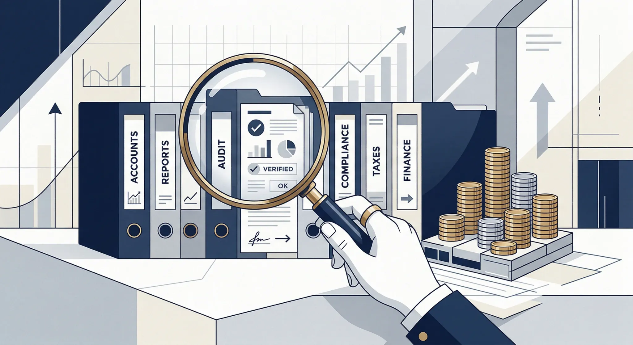 A clean editorial illustration depicting a magnifying glass inspecting a series of abstract document folders and stacks of coins. The color scheme is professional, featuring shades of navy blue, light
