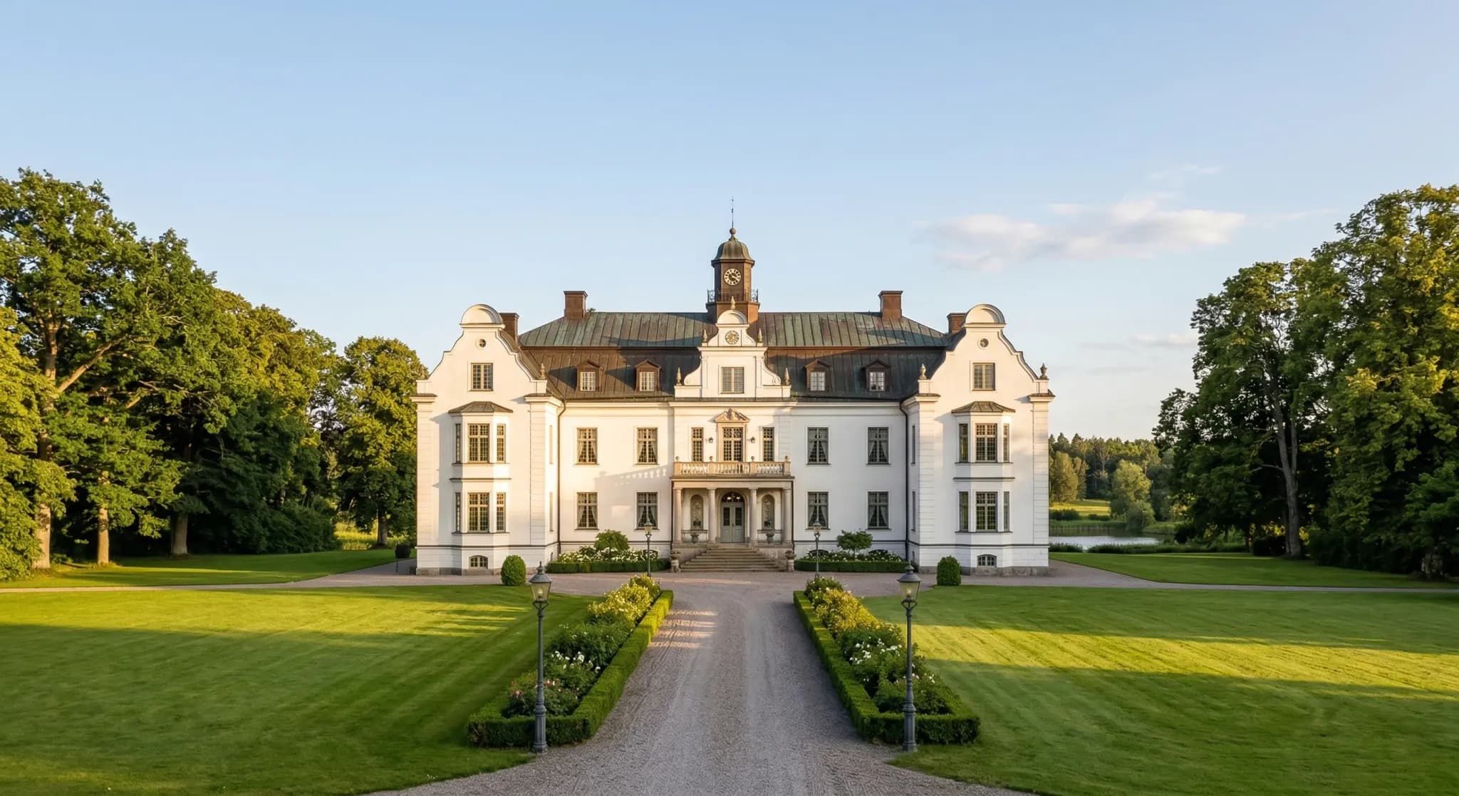 A stately northern European manor house with a white rendered facade and a dark copper roof, surrounded by a green lawn and ancient trees. The image is a crisp architectural photograph taken during th