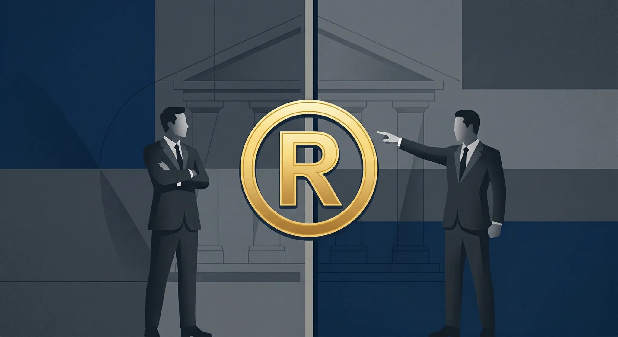 A clean editorial illustration depicting a legal dispute over a brand. A large, stylized golden registered trademark symbol is positioned in the center, while two abstract silhouettes of businessmen s