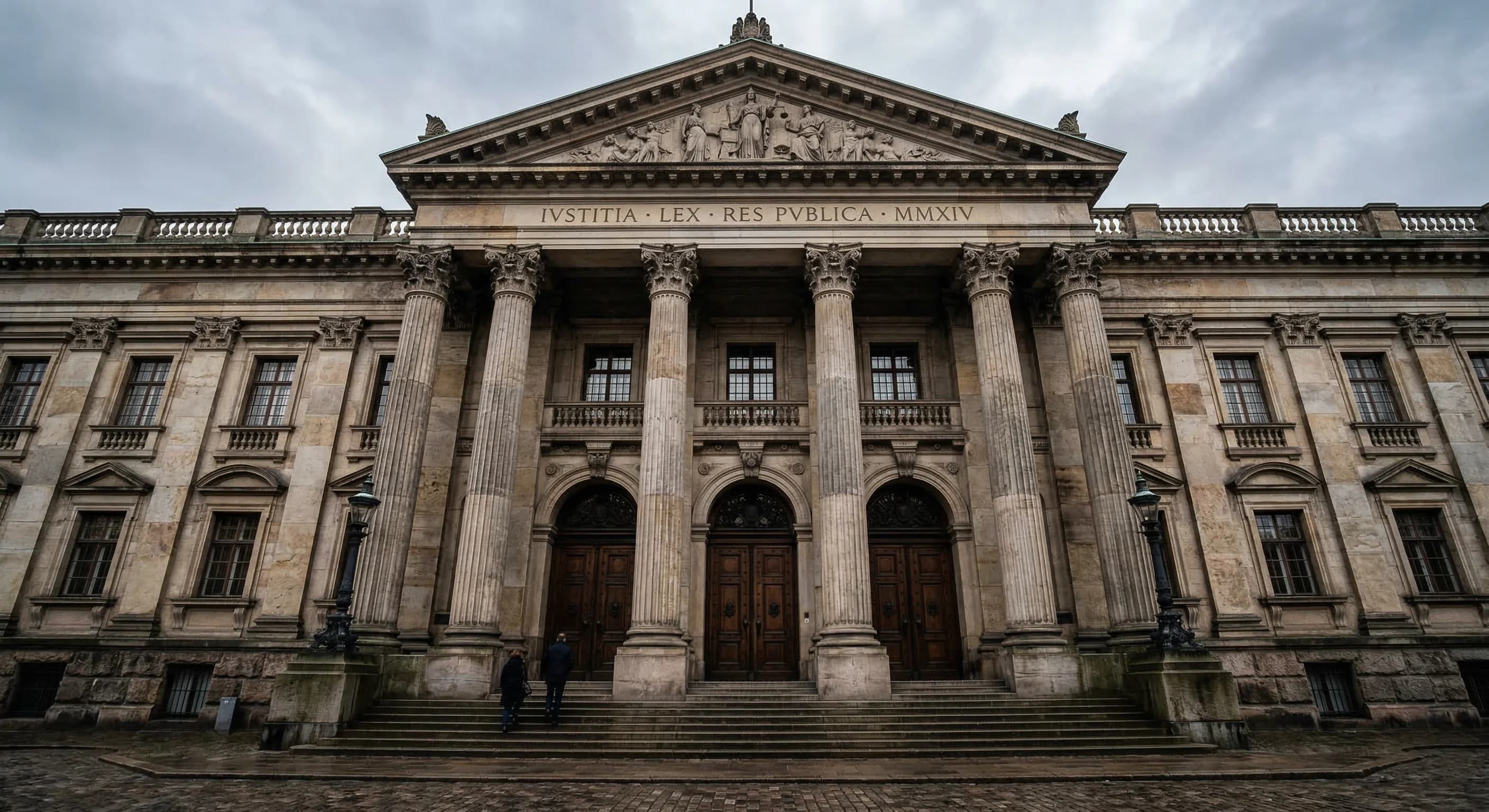 A grand neoclassical government building with heavy stone columns and large wooden entrance doors, viewed from a low angle. The atmosphere is solemn under a soft, overcast Northern European sky. The f