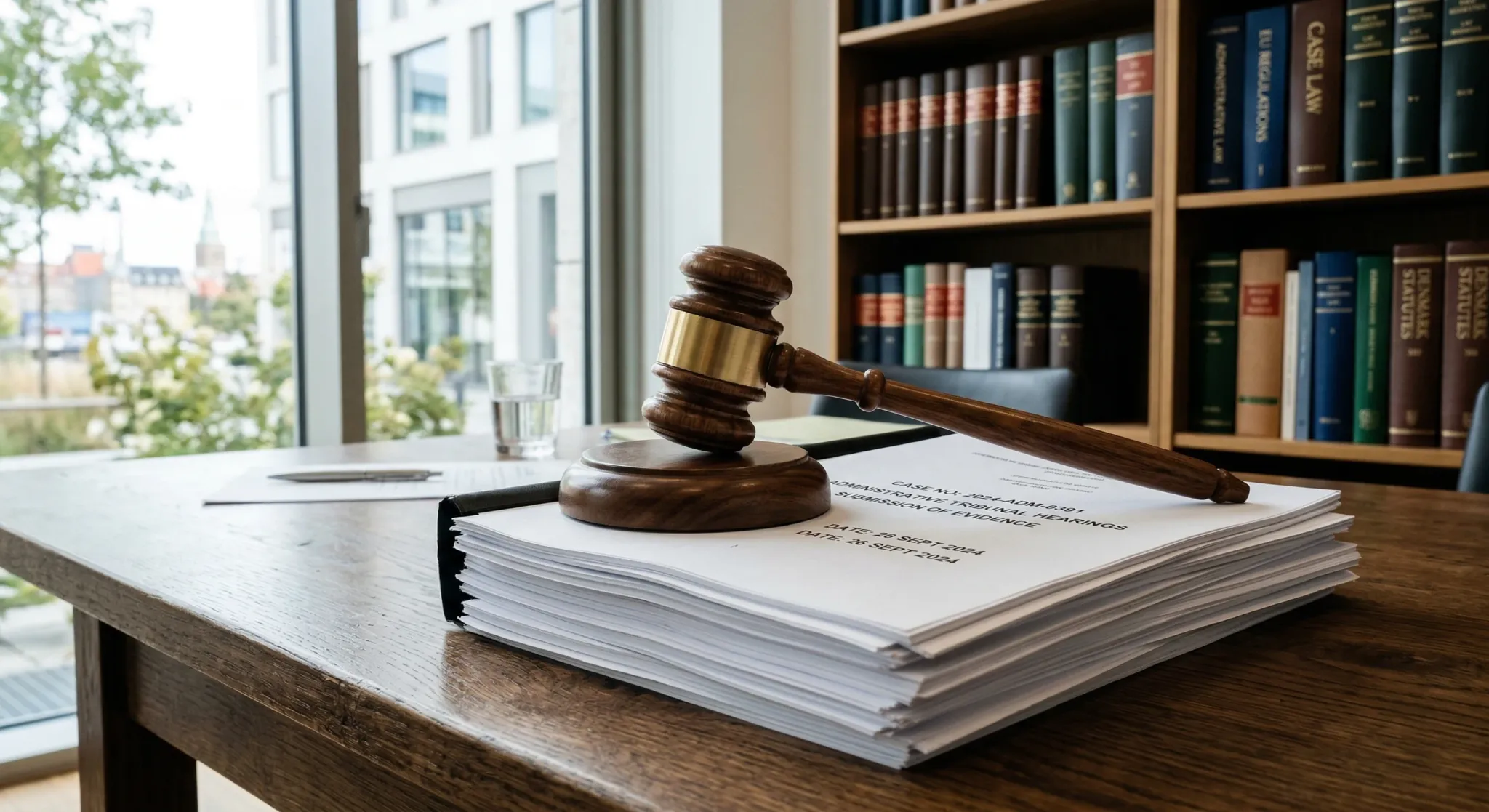 A photorealistic close-up of a polished wooden gavel resting on a stack of white legal documents on a dark oak desk. The scene is set in a bright, modern office with soft natural light filtering throu