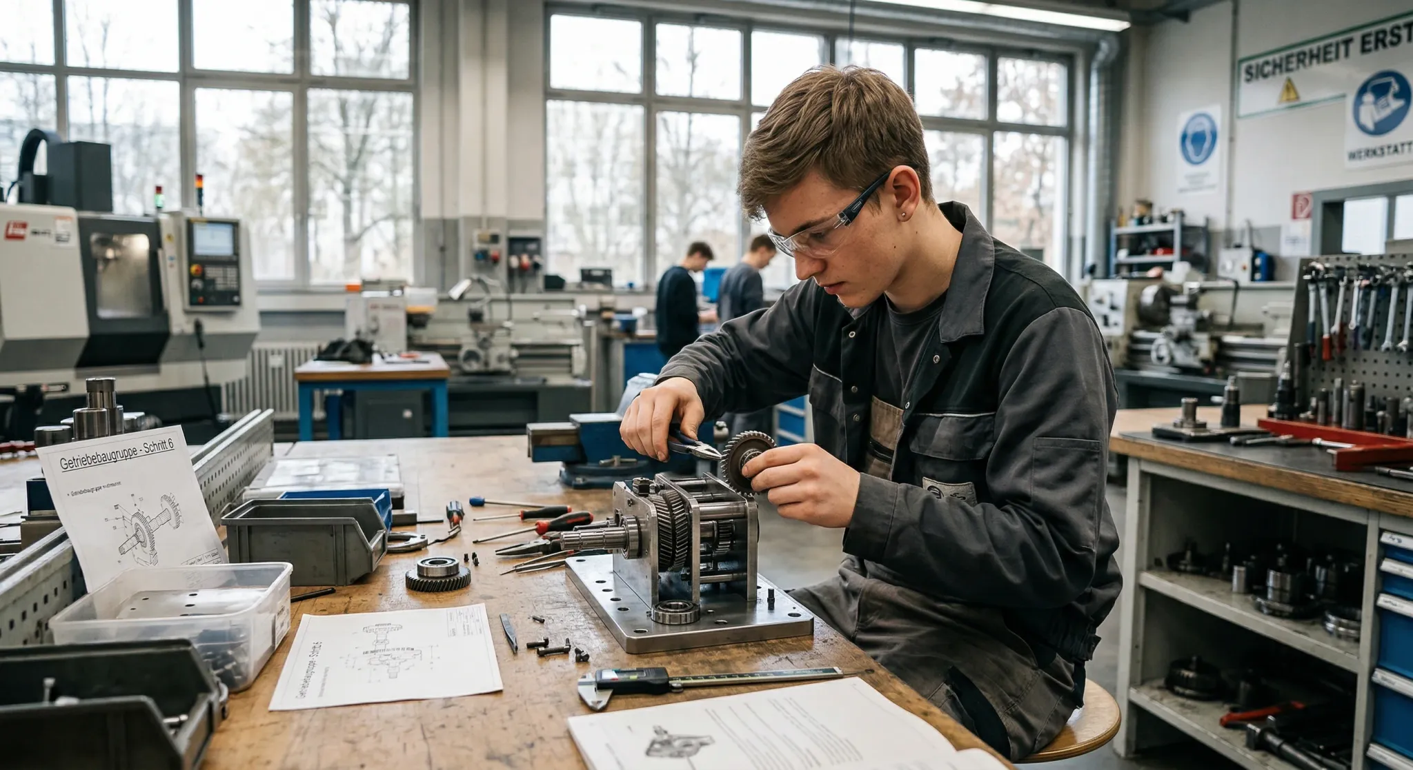A young European student in a modern workshop setting, focusing intently on assembling a mechanical part. The scene is lit by soft, natural light coming through large industrial windows, with a shallo